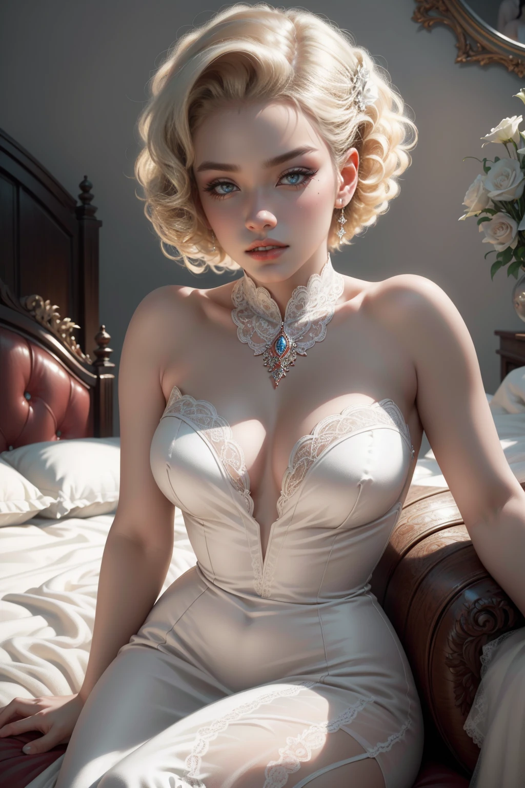 (Masterpiece - Ultra-Detailed, High Resolution) Prepare to be enchanted by a true masterpiece that combines ultra-detailed art with high-resolution rendering. This work shows a mesmerizing woman, with short, light blonde hair, 1950s style, Marilyn Monroe (1.3) and captivating brown eyes (1.2),(brown eyes) New York illustration style, wearing red lipstick, emanating an aura of elegance and mystery. Wearing victorian classic 1950s clothing. sexy. Intricate details and realistic textures invite you to explore every aspect of this enchanting composition. Transparent white dress. Sitting on the bed, backwards, looking back. Get ready to dive into a world where beauty and craftsmanship merge perfectly.