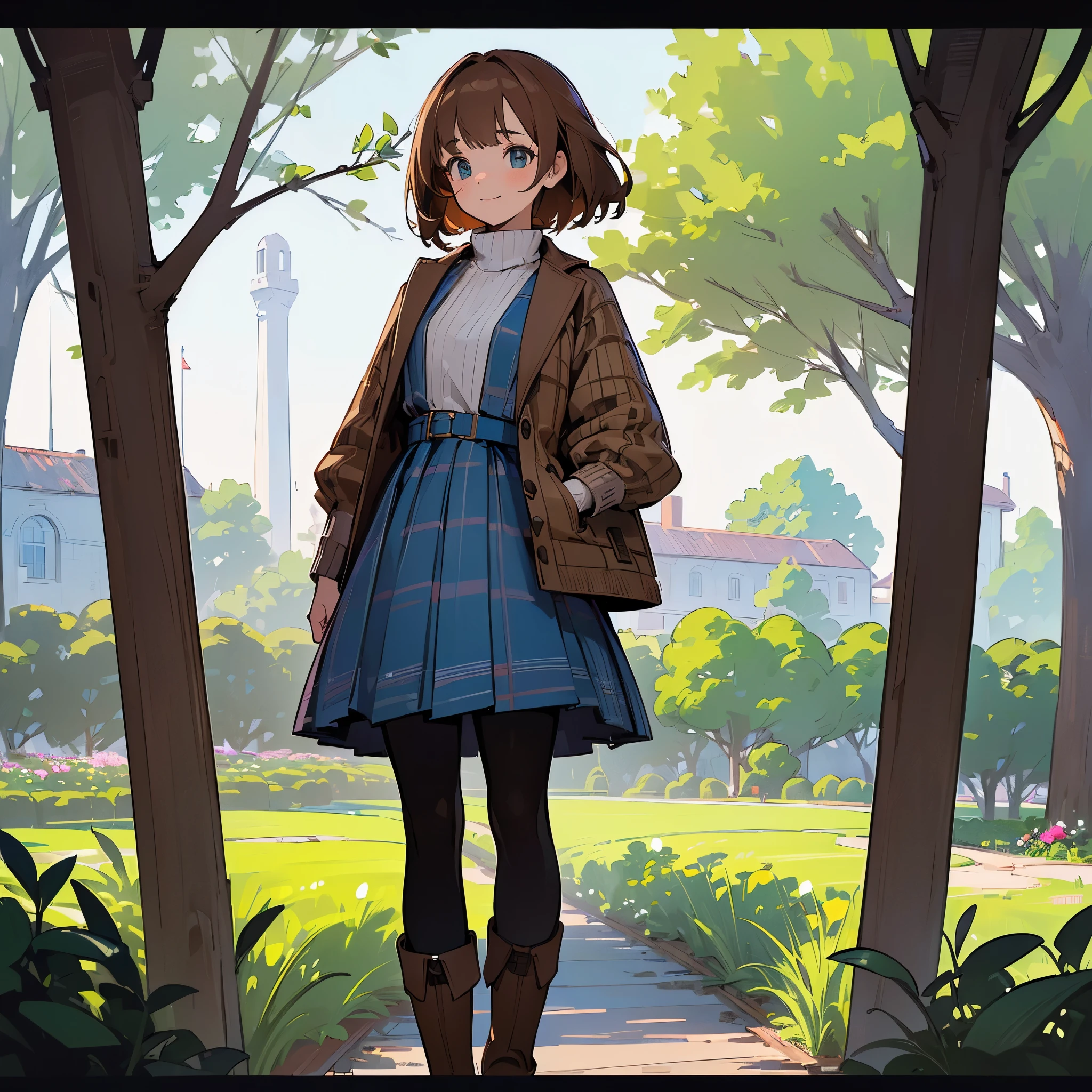 (high quality, high resolution, Super detailed, Reality:1.37), peaceful atmosphere, (outdoor, garden), teenage girl standing alone, (big chest.), beautiful detailed features, cute smile, (brown bob hair), ribbed sweater, blue plaid skirt, black tights, brown boots.