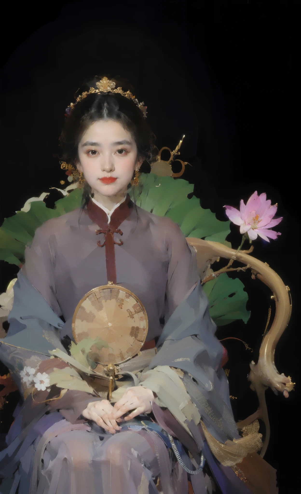 best quality,masterpiece,(painting:1.6)Wearing purple Hanfu,Fide woman wearing gauze skirt sitting on wooden sculpture chair,wood carving chair,背后有lotus以及lotus leaf,lotus,lotus leaf,Holding a round fan, queen of china, palace , girl wearing hanfu, chinese princess, Inspired by Yun Shouping, Inspired by Chen Rong, ancient chinese princess, Chen Jiru, Inspired by Zhang Xuan, chinese woman, beautiful fantasy queen, Gurwitz style artwork。Ancient Chinese clothes,chiffon,folding fan。美丽的folding fan。Holding round fan in hand (:1.5),(Amy Sole:0.248),(Stanley Ategg Liu:0.106),(a detailed painting:0.353),(文艺复兴古典painting风格:0.8)
\\
a woman with long black hair(Amy Sole:0.248), (Stanley Liu:0.106), (a detailed :0.353), (gothic art:0.106)(Amy Sole:0.248),(Stanley Ategg Liu:0.106),(a detailed painting:0.353),(文艺复兴古典painting风格:0.8)