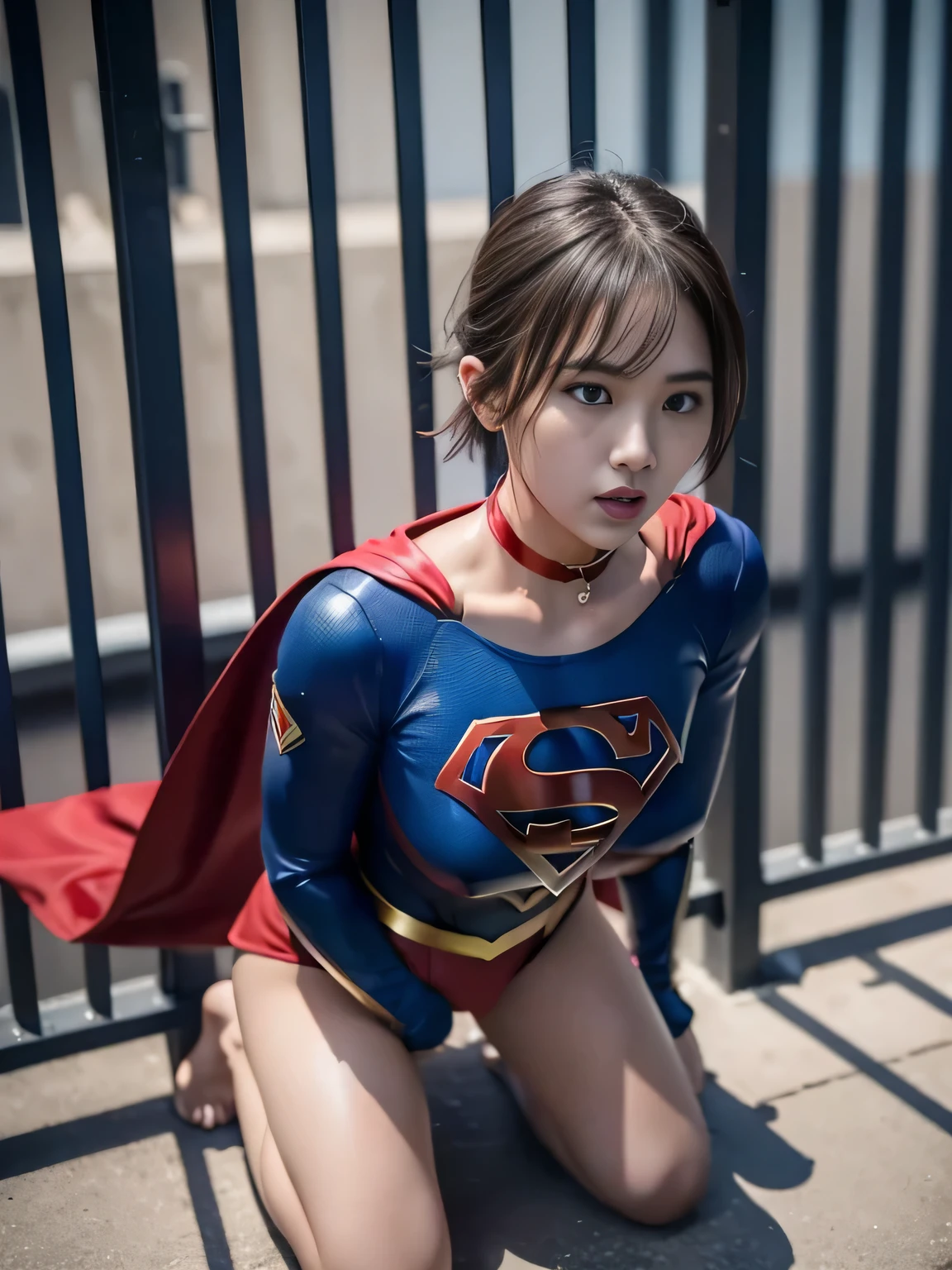 masterpiece、supergirl costume、short hair、barefoot、big and full breasts、Crisis situation、Complete surrender、prison、in a cage、sense of abuse、kneel down、sweaty、shiny、looking at camera、Seduce、choker、long sleeve、red sexy pose、POW camps、humiliating