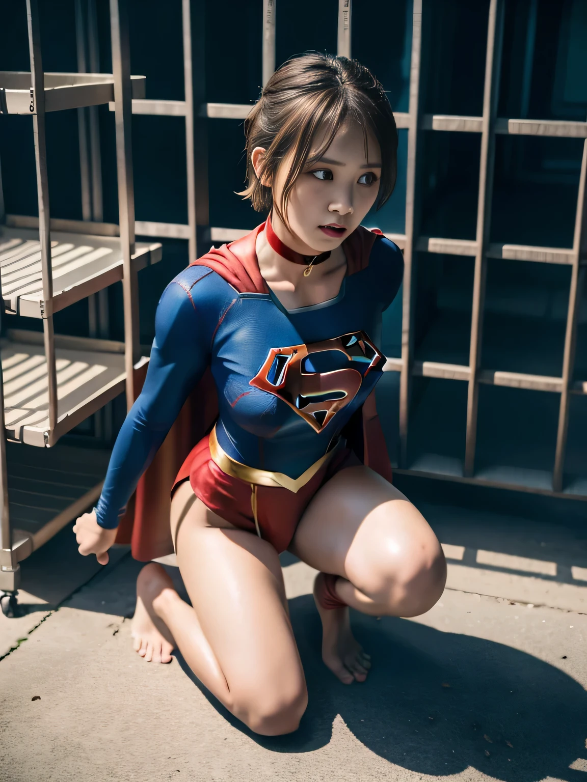 masterpiece、supergirl costume、short hair、barefoot、Big and full breast station、Crisis situation、prison、in a cage、sense of abuse、kneel down、sweaty、shiny、looking at camera、Seduce、choker、long sleeve、red sexy pose、POW camps、humiliating