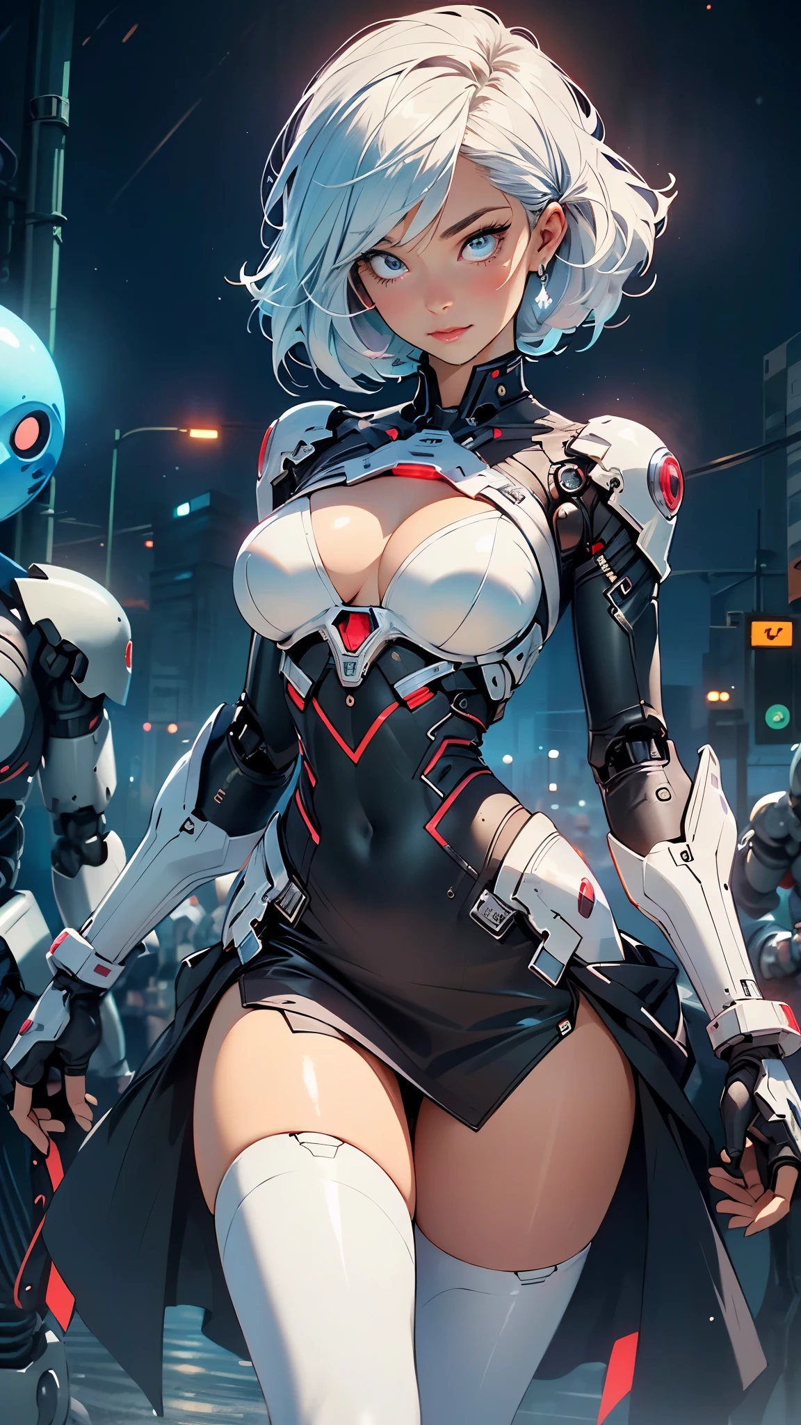 (cyborg girl),(cyborg girl:1.5),maid android,((1girl)),((mechanical robot girl with extremely cute and beautiful pale blue hair)),
(large breasts:1.4),saggy breasts,(((pale blue bob hair:1.35,colored inner hair,short hair,ear breathing))),(((doll))),((pale white skin,doll joints:1.5,mechanical hands:1.5)),((silver armored dress,tesla coilaid mechanical doll:1.5,body of a machine:1.5,metallic skin,ball joint,cyborg:1.5, robotic parts:1.5,robot:1.5,mechanical joints: 1.4,mechanical limbs)),(((pale_blue_eyes:1.3))),intricate eyes,beautiful detailed eyes,symmetrical eyes,((fat)),(((lustrous skin:1.5,bright skin: 1.5,shiny skin,very shiny skin,shiny body,plastic glitter skin,exaggerated shiny skin,illuminated skin,wet legs))),(spider lower abdomen,narrow waist,wide hip,detailed body,(detailed face)),
cute,slutty,seductive,erotic,((nsfw)),
(maid headdress),bare_shoulders,delicate metal decorations,Headdresaid),sleeveless,miniskirt,boots,cleavage_cutout,bare_legs,((wet clothes,intricate outfit,intricate clothes,intricate details)),
(dynamic pose:1.0),embarrassed,(centered,scale to fit dimensions,Rule of thirds),
cyberpunk city by the ocean at night, with bright neon signs and dark stormy clouds and puddles, scenery:1.25,nighttime, starry night, cosmos,Very dark night that makes the neon lights stand out, very bright neon lights,nighttime, starry night, cosmos,,
artistic photography,(photography taken by sldr),highres, sharp focus,(ultra detailed, extremely detailed), (photorealistic artwork:1.37),(extremely detailed CG unity 8k wallpaper),((synthwave background theme)),(((vibrant colors))),intricate,(intricate background),(masterpiece),(best quality),perfect rendered face,perfect face details,realistic face,photo realistic,analog style,((intricate detail)),(((realism))),