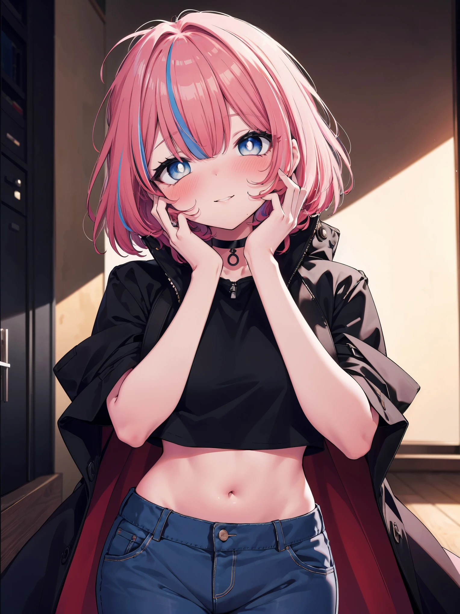 NSFW,Very beautiful and shining eyes、shining eyes、1 girl、small breasts、big mouth、small breasts、Cat ear、Transparent pink short hair、scarf、hot pants、7 year old girl、childish clothes