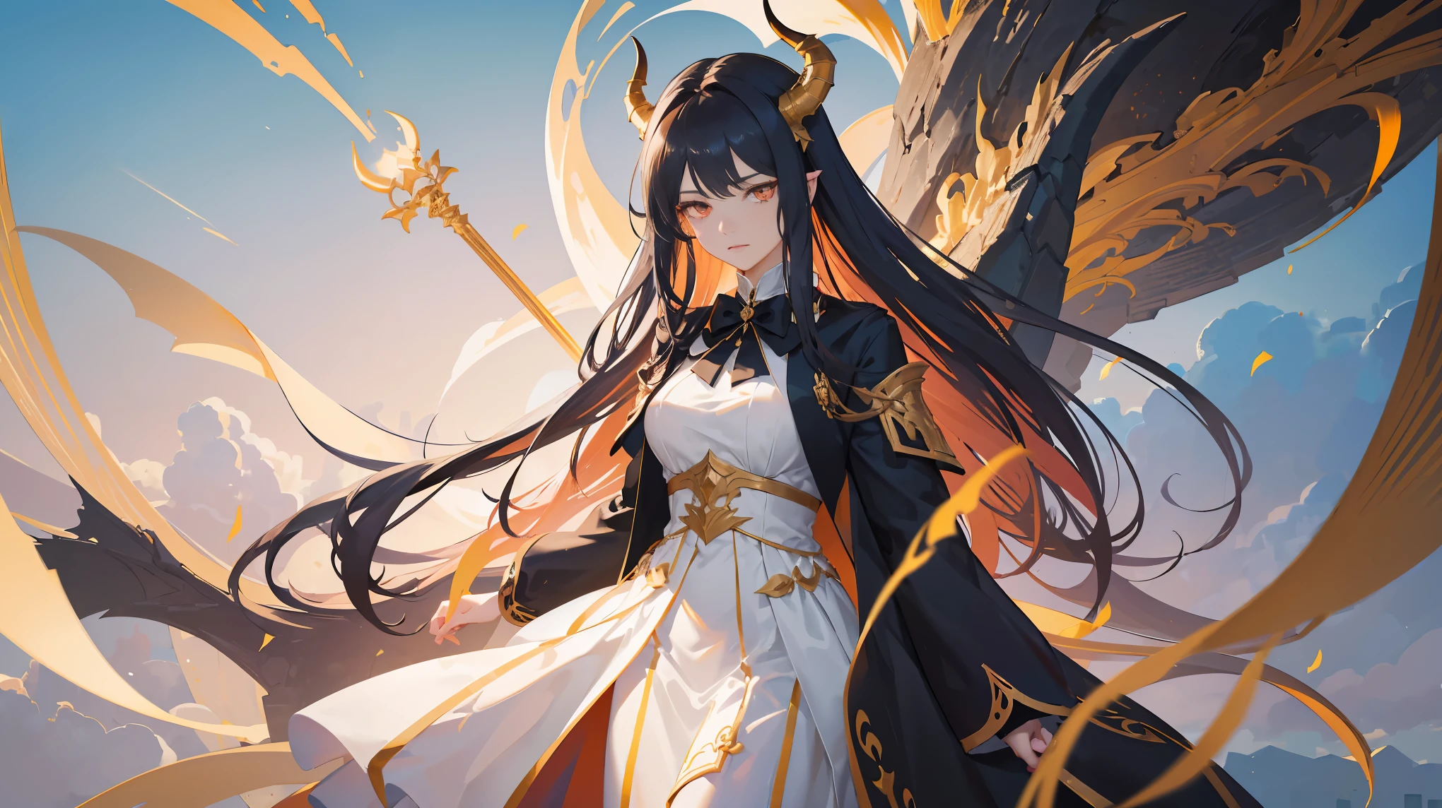 Seven Rhaeyar, Ancient Star goddess, Perfect female anatomy (Adult Female, 166cm in height, pale skin, slim, slender, 34D breast size, Dark Orange Eyes with beautiful details, Long Straight Black Hair, Beauty Mark Mole on right cheek bone, a set of black horns on her head), Neutral facial expression, Elegant white dress with black bow tie, blue coat knee length, dragon motifs, gold and rope accessories, View of the open blue sky with only clouds, receiving light from the front, Ethereal glow