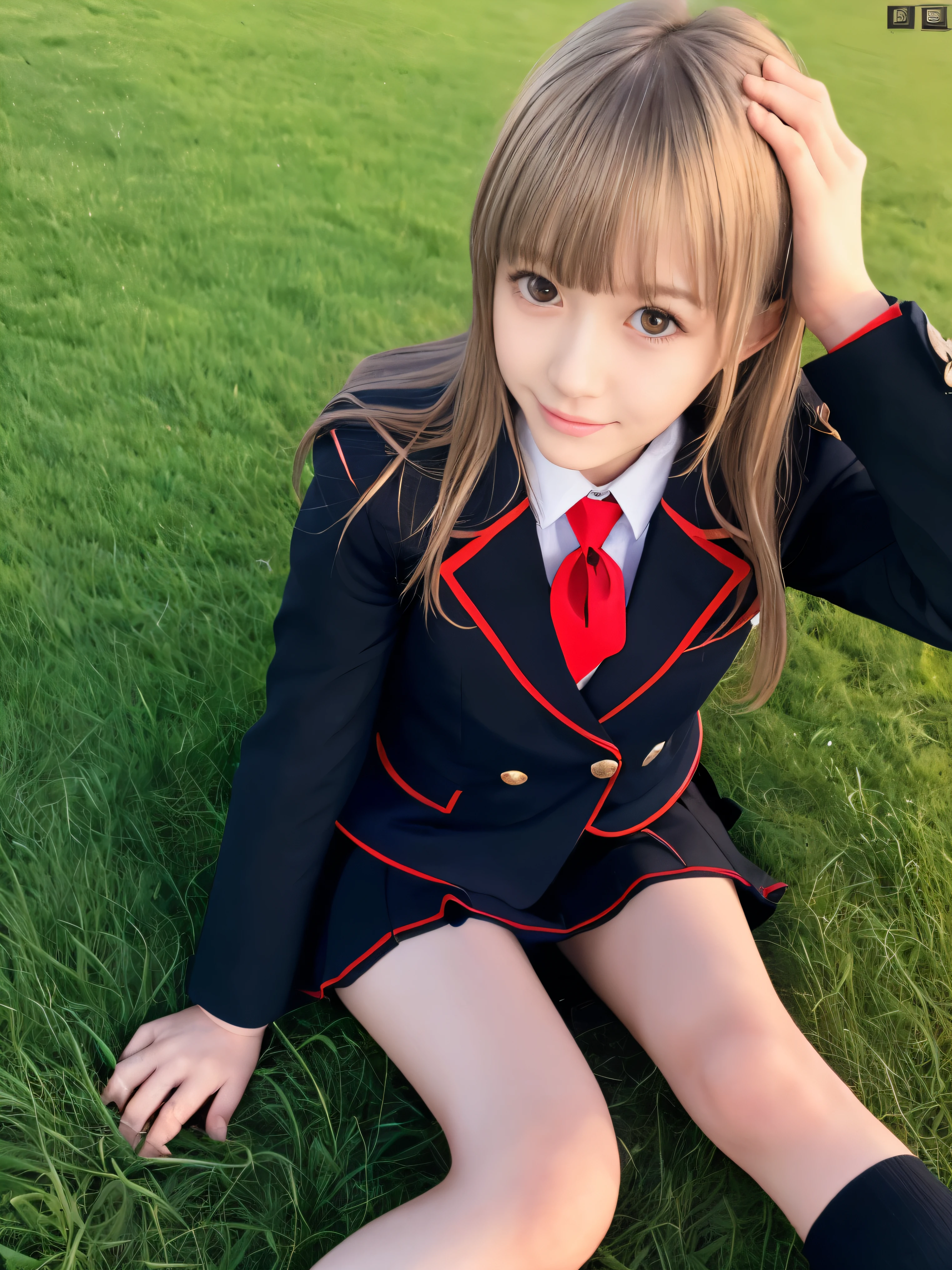 (Dressed in a black blazer uniform with a red cropped collar and black skirt、Close up low angle shot of slender small breasted half-up girl with long blonde hair with bangs。:1.5)、(One blonde-haired girl is sitting on a Japanese grassland with a small smile。:1.5)、(Dart road towards the blue sky and sea:1.5)、(black blazer and black skirt with red trim collar:1.5)、(blurred background:1.5)、(perfect anatomy:1.5)、photorealistic stick、RAW photo、table top、highest quality、High resolution、delicate and beautiful、perfect face、delicate and beautiful目元の空気肌、real human skin、((thin legs))
