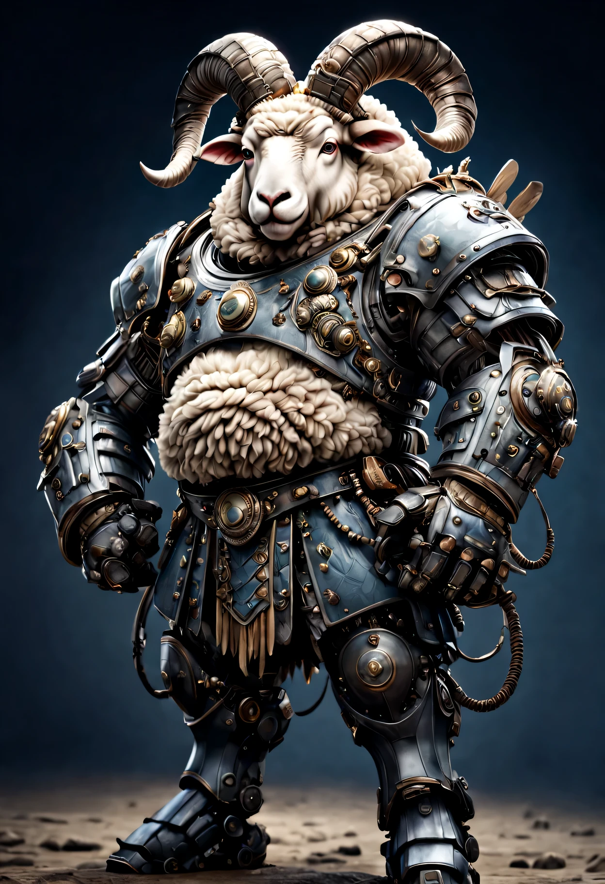 photorealistic portrait of Dressed animals - a ((fat)) sheep warrior,(brave pose), high quality,(lovely) ,intricate detailed giant mechanical arms, highly detailed ((mechanical armor) ,,highly detailed decorations, , (brave), studio lighting,(full body image from head to toe:1.5)
