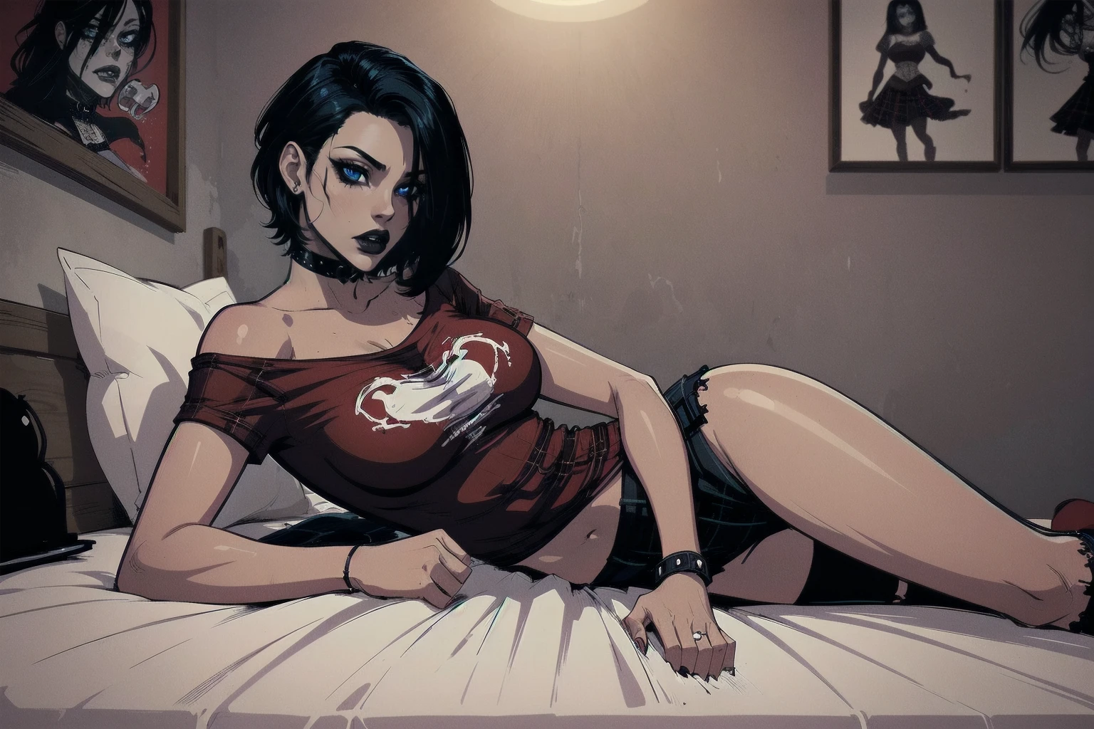 a woman with short black hair, hair on shoulders,  wearing a red t-shirt  and plaid skirt, blue eyes, zombie art, gothic art, cute aesthetic with vibe, toon aesthetic, wearing red costume, wearing gothic accessories, Cassie Hack, laying on the bed, horror background