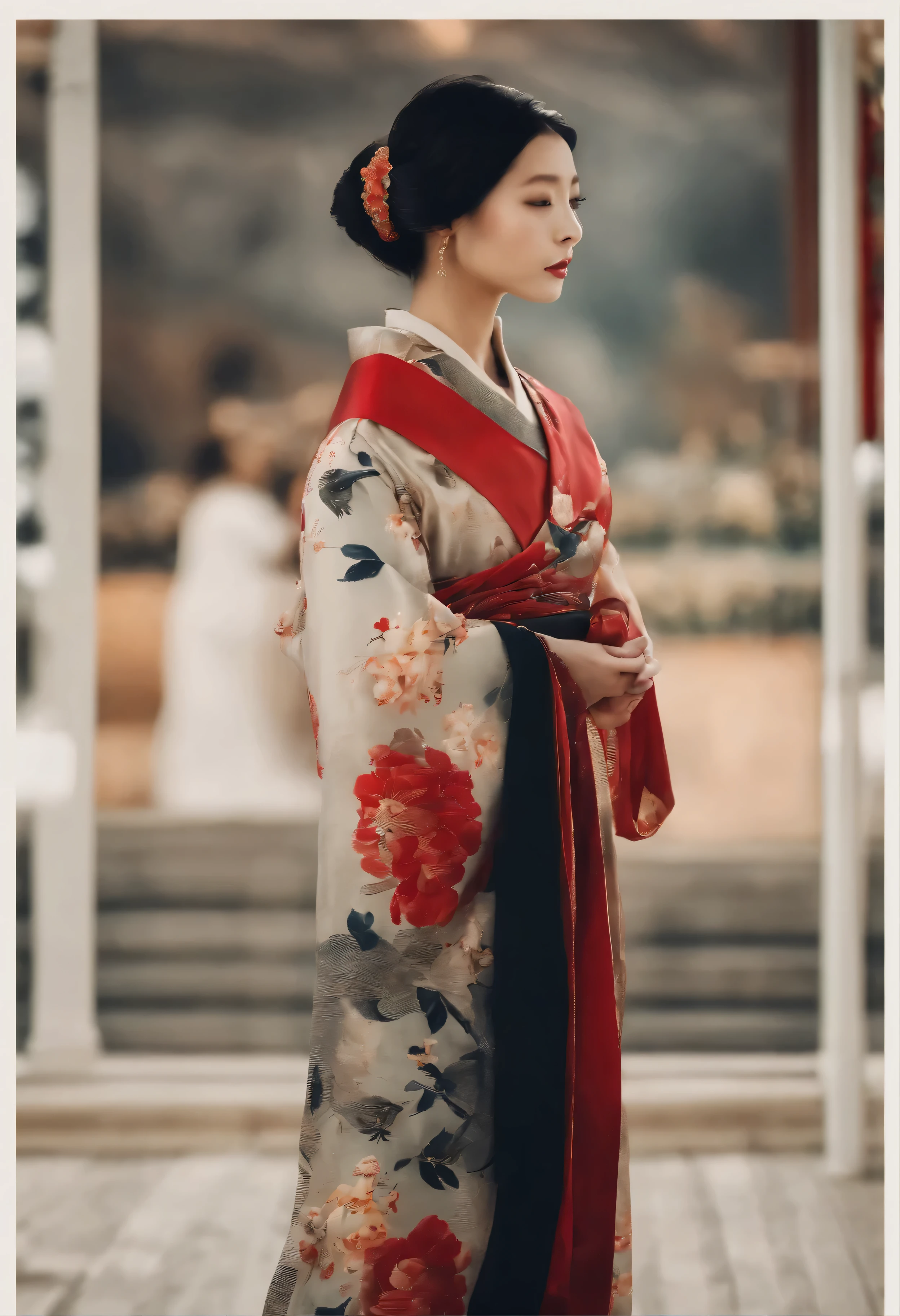 masterpiece: 1.5), ((highest image quality: 1.25), (high resolution: 1.3), (high definition CGUnity 8k Wallpapers: 1.1), solo, A beautiful woman in a white kimono adorned with a stunning floral pattern is the central focus. She wears a red belt that accentuates her slender waist. The scene is set outdoors, with the vibrant and bustling area of Dotonbori serving