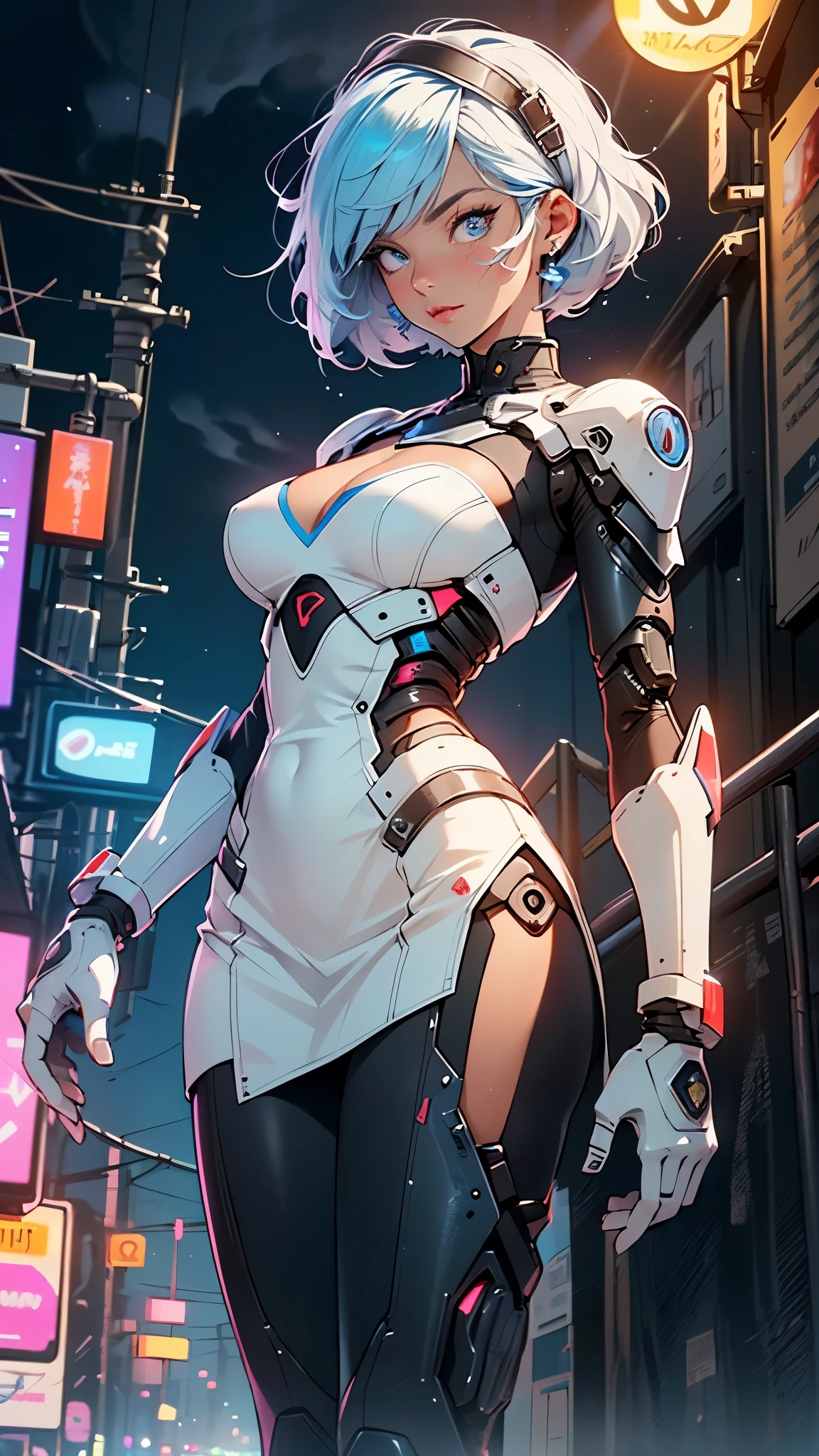 (1 mature robot girl,Age 35), ((Pub,guild)),(smile),Dynamic pose,Dynamic Angle,Pose for a photo,From below,Elderly woman、Trading Card Game Frames、Highest Rare、Five Fingers、Signature mark、Big Butt、White Hair、Android、Robo joint