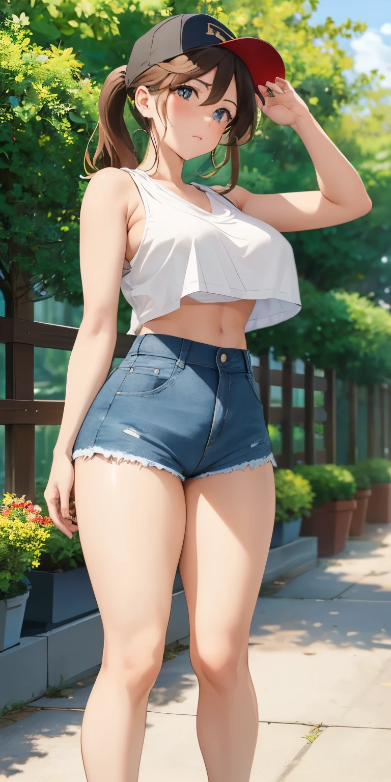 The beautiful, (tmasterpiece:1.2), (Best quality at best:1.2), perfect  eyes, s the perfect face, perfect litthing, 1个Giant Breast Girl, Sam, standing back, metathorax, baseball cap, black in color, , Brown hair, Crop top, cutoff point, Denim, denim short, facing away, from back, has cleavage, high legs, high legs, long whitr hair, median furrow, , Micro shorts, , pony tails, shorter pants, shorter pants, Side breasts,  Background with, Alone, vests, upper legs, Tong, underbust, underdressing, venue, grassy, walkway, humongous large breast, Wide hips, Place your arms at your sides