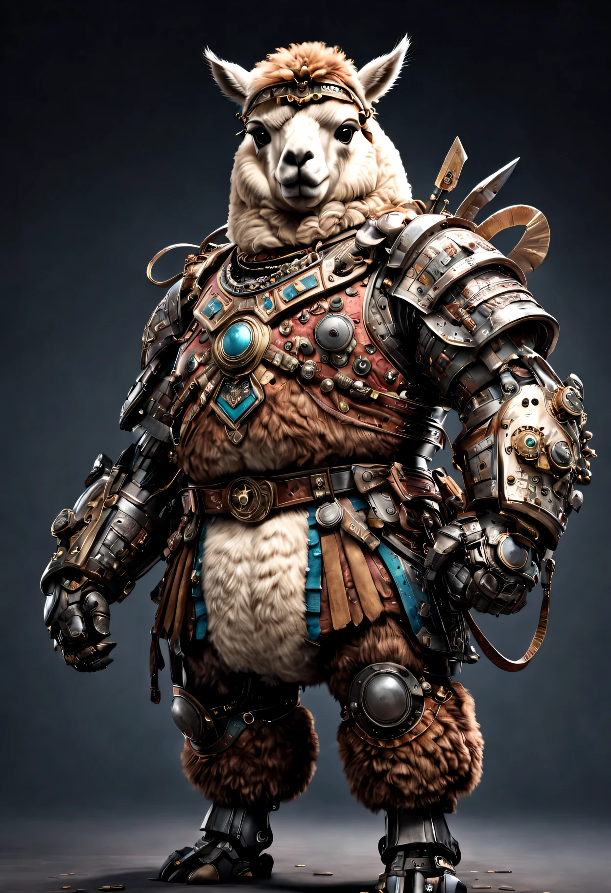 photorealistic portrait of Dressed animals - a ((fat)) alpaca warrior,(brave pose), high quality,(lovely) ,intricate detailed giant mechanical arms, highly detailed ((mechanical armor) ,,highly detailed decorations, , (brave), studio lighting,(full body image from head to toe:1.5)
