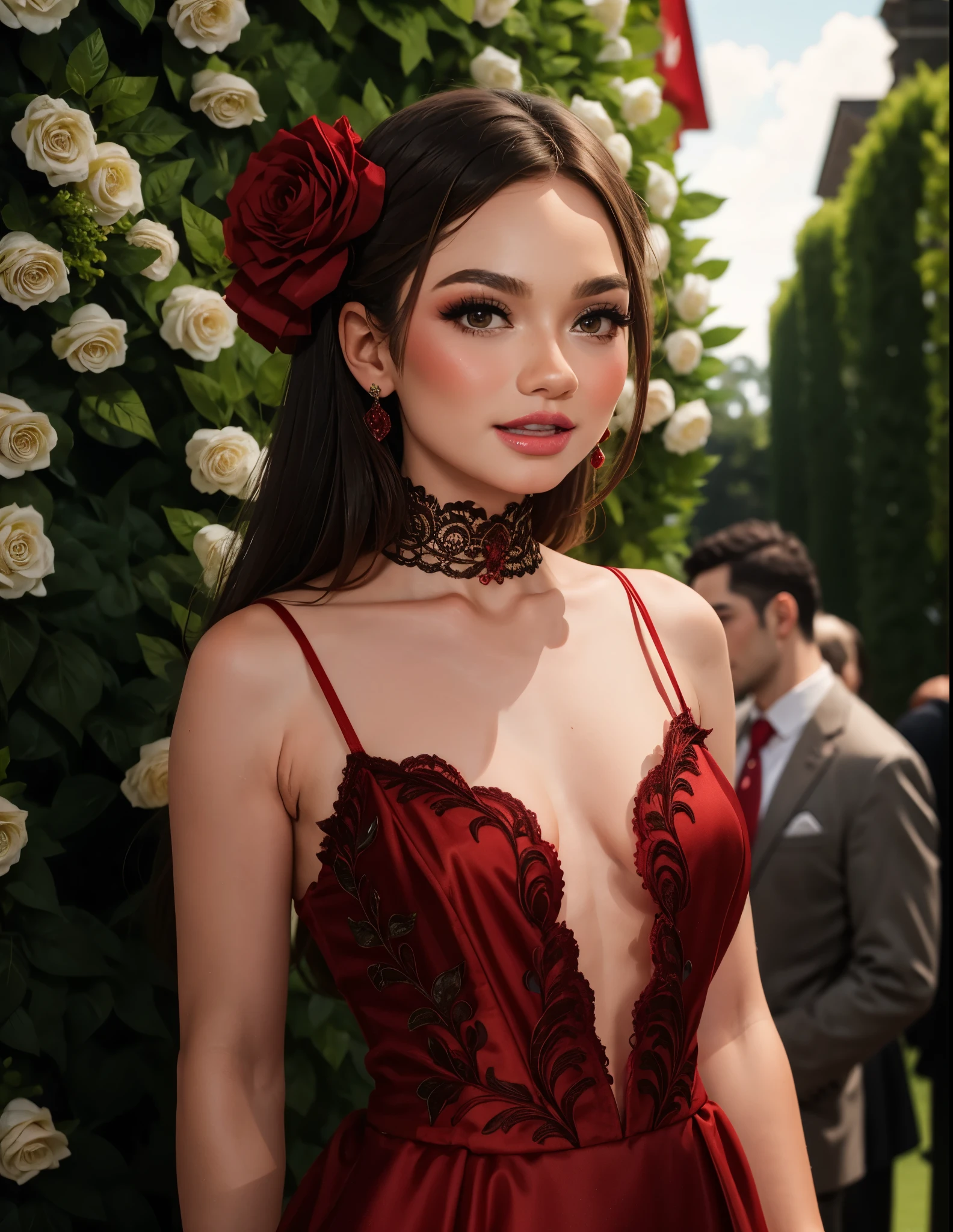 arafed woman in a red dress posing in front of a group of people, portrait sophie mudd, girl wears a red dress, gorgeous woman, sexy red dress, wearing red formal attire, red lace, wearing red dress, ornate dark red opulent clothing, rich red, gorgeous lady, gorgeous young model, red dress, sexy gown