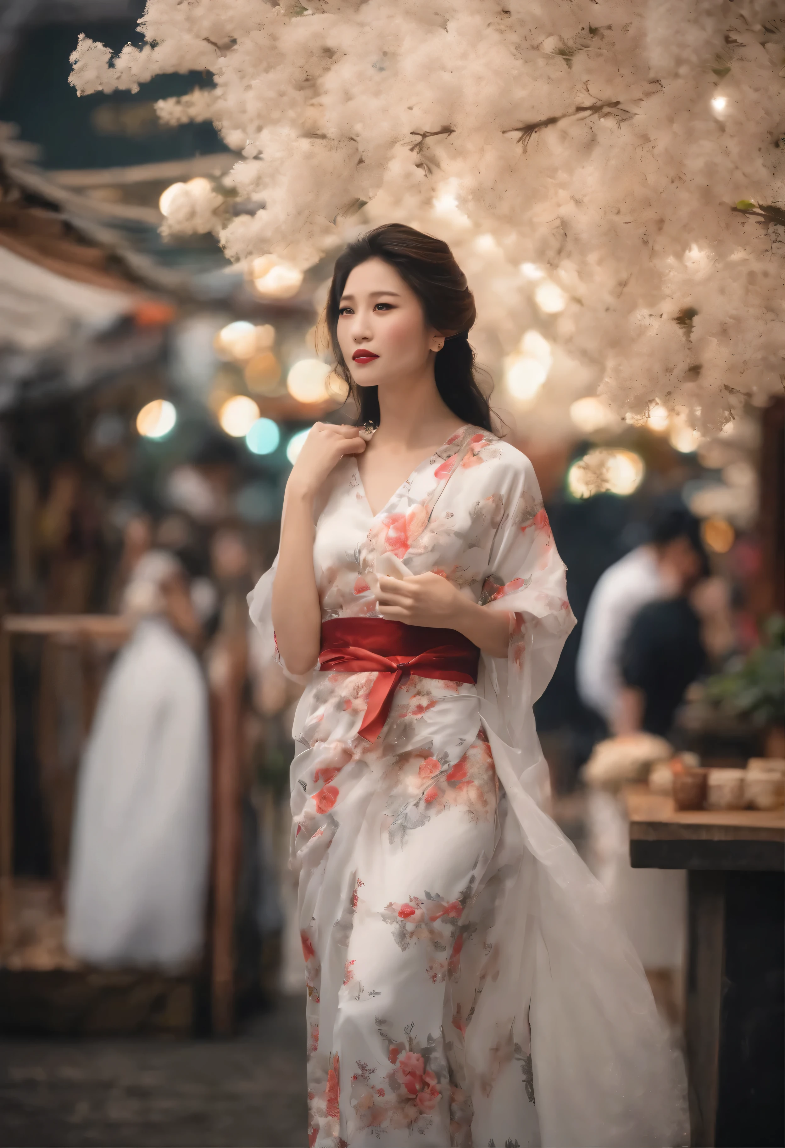 masterpiece: 1.5), ((highest image quality: 1.25), (high resolution: 1.3), (high definition CGUnity 8k Wallpapers: 1.1), solo, A beautiful woman in a white kimono adorned with a stunning floral pattern is the central focus. She wears a red belt that accentuates her slender waist. The scene is set outdoors, with the vibrant and bustling area of Dotonbori serving