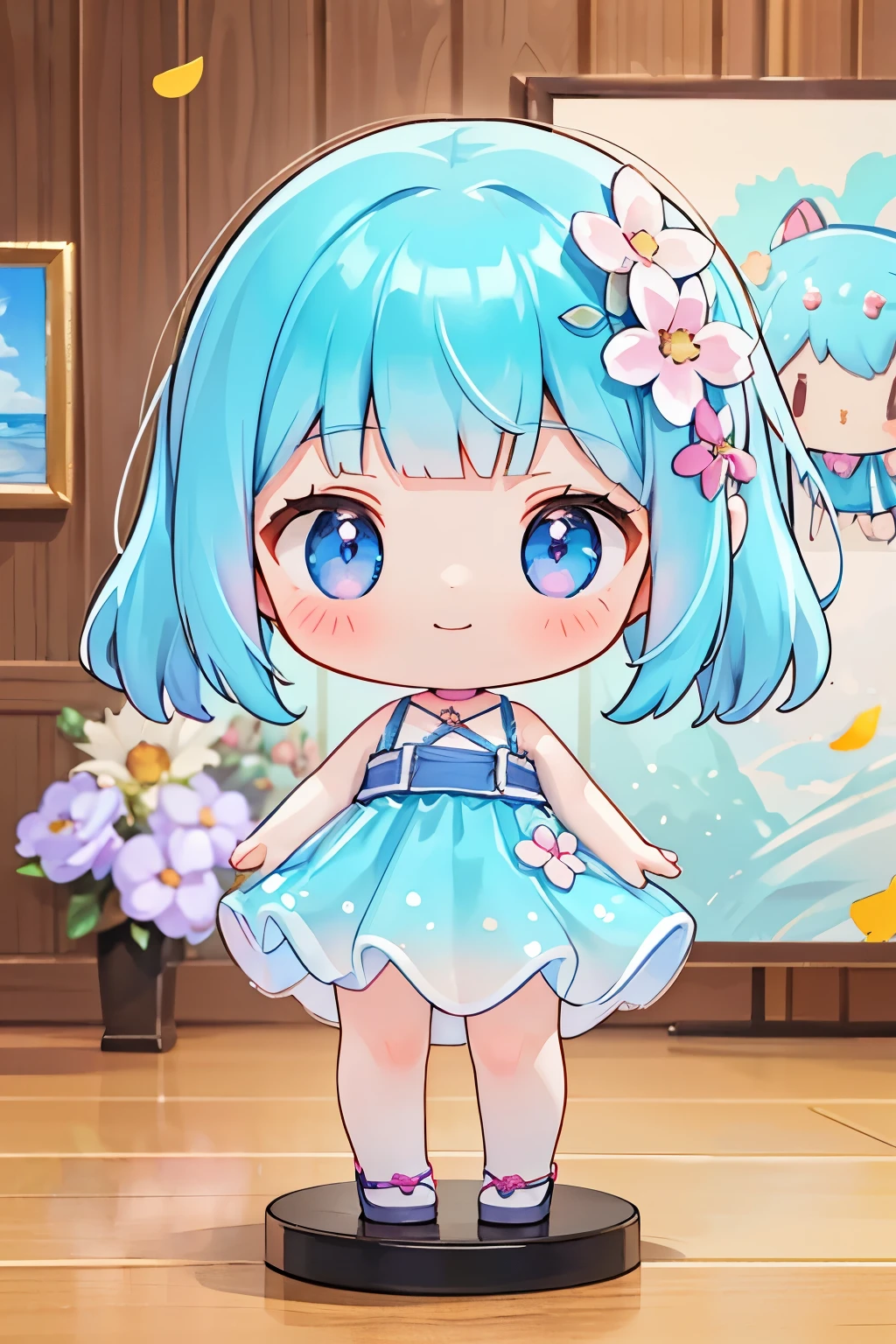 photoRealstic、Doll standing in front of the painting（nendroid）、A smile、Water droplets on the cheeks、In a cute pose、watercolor Nendoroid、(High Definition Figure)、Flowing iridescent silk、up of face、Eye Up、Colorcon with heart pattern、Floral dresaking a heart with both hands、There are also flowers in front of the nendroids、flower petals、season!!: summer☀ 🍂
