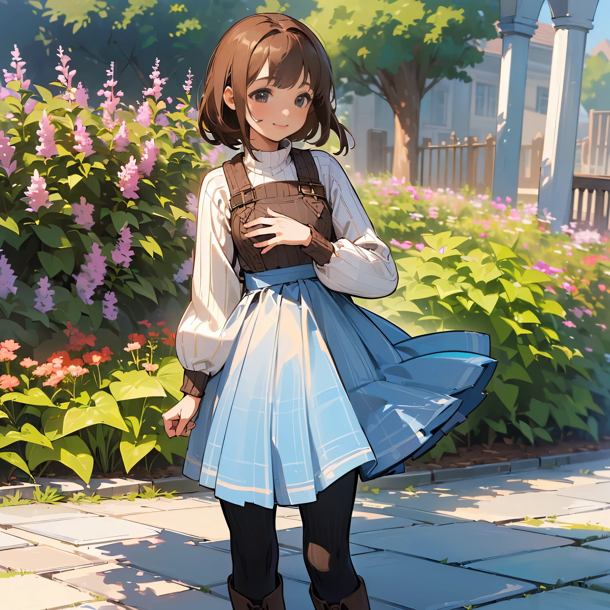 (high quality, high resolution, Super detailed, Reality:1.37), peaceful atmosphere, (outdoor, garden), teenage girl standing alone, (big chest.), beautiful detailed features, cute smile, (brown bob hair), ribbed sweater, blue plaid skirt, black tights, brown boots.