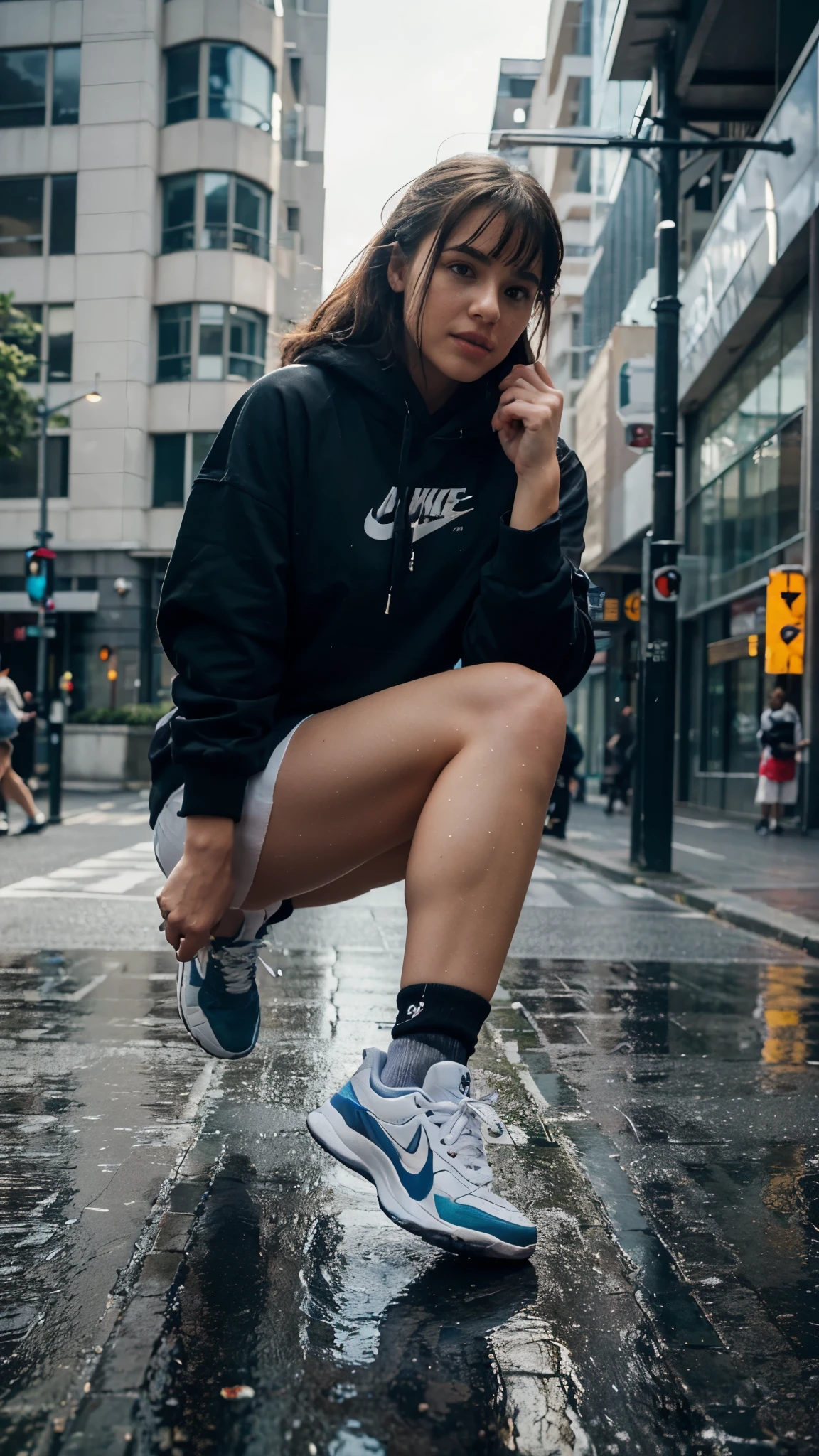 Scene Setting: Generate a highly detailed 8k HDR photo of a sneaker convention venue on a sunny day. Ensure the scene is vibrant and lively, with bright sunlight illuminating the surroundings.
Character Description: Render a full-body image of Carolyn Davidson, wearing a black hoodie and long shorts. Ensure the clothing is depicted realistically, with attention to detail in the fabric texture and folds.
Introduction of Nike Sneakers: Depict Carolyn Davidson introducing Nike sneakers with enthusiasm and confidence. Show her gesturing towards the sneakers with a welcoming expression, conveying her passion for the product.
Focus on Shoes: Emphasize the Nike sneakers as the focal point of the image. Ensure they are showcased prominently, with clear details and vibrant colors to attract attention.
Cinematic Rendering: Produce the image with a cinematic quality, paying attention to lighting, composition, and depth of field to create a visually striking result reminiscent of a movie production.
Reflections on Wet Street: Incorporate reflections of the surroundings on the wet street, adding depth and realism to the scene. Ensure the reflections are accurate and contribute to the overall atmosphere of the image.
Attention to Detail: Render the scene with meticulous attention to detail, capturing nuances like shadows, highlights, and textures to enhance realism and immersion.
Overall Composition: Combine all elements seamlessly to create a visually captivating image that effectively showcases the Nike sneakers while capturing the energy and excitement of the sneaker convention. Pay attention to composition, framing, and visual storytelling to engage the viewer's attention.