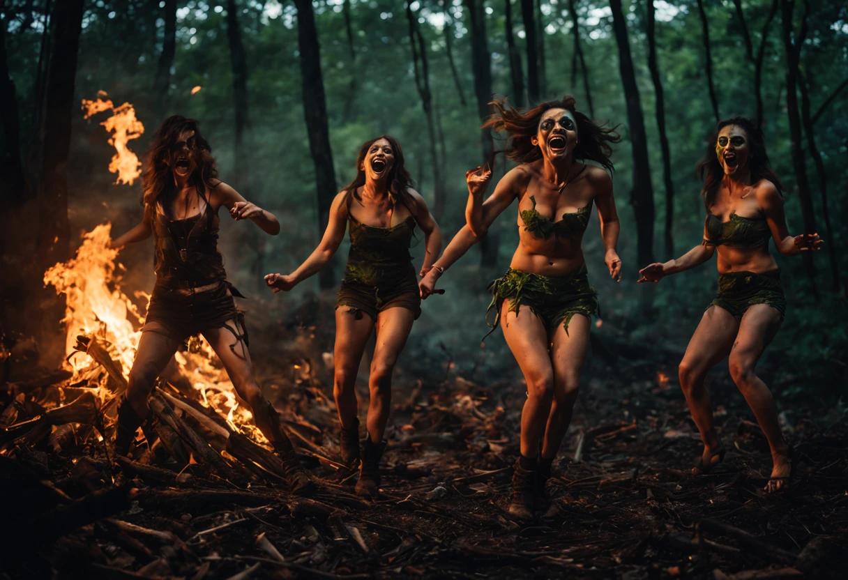 (best quality,highres,masterpiece:1.2),green-skinned,dark-haired drunken goblin women with crazy eyes and a few missing teeth,dressed like trailer trash with tank tops and daisy duke shorts,dancing seductively around a blazing bonfire in the middle of a desolate forest,casting eerie shadows,piercing their wild laughter through the night,while the fire illuminates their chaotic celebration, creating an atmosphere of debauchery and mischief,with smoke billowing and sparks flying in the air,their twisted motions and exaggerated gestures adding to the surreal and unsettling ambiance,as if they were under a spell,while the moonlight filters through the thick canopy above,adding a touch of eerie beauty to the chaotic scene,the goblin women's green skin glowing in the firelight,their movements a dance of primal energy and wildness,arguably both grotesque and strangely captivating.