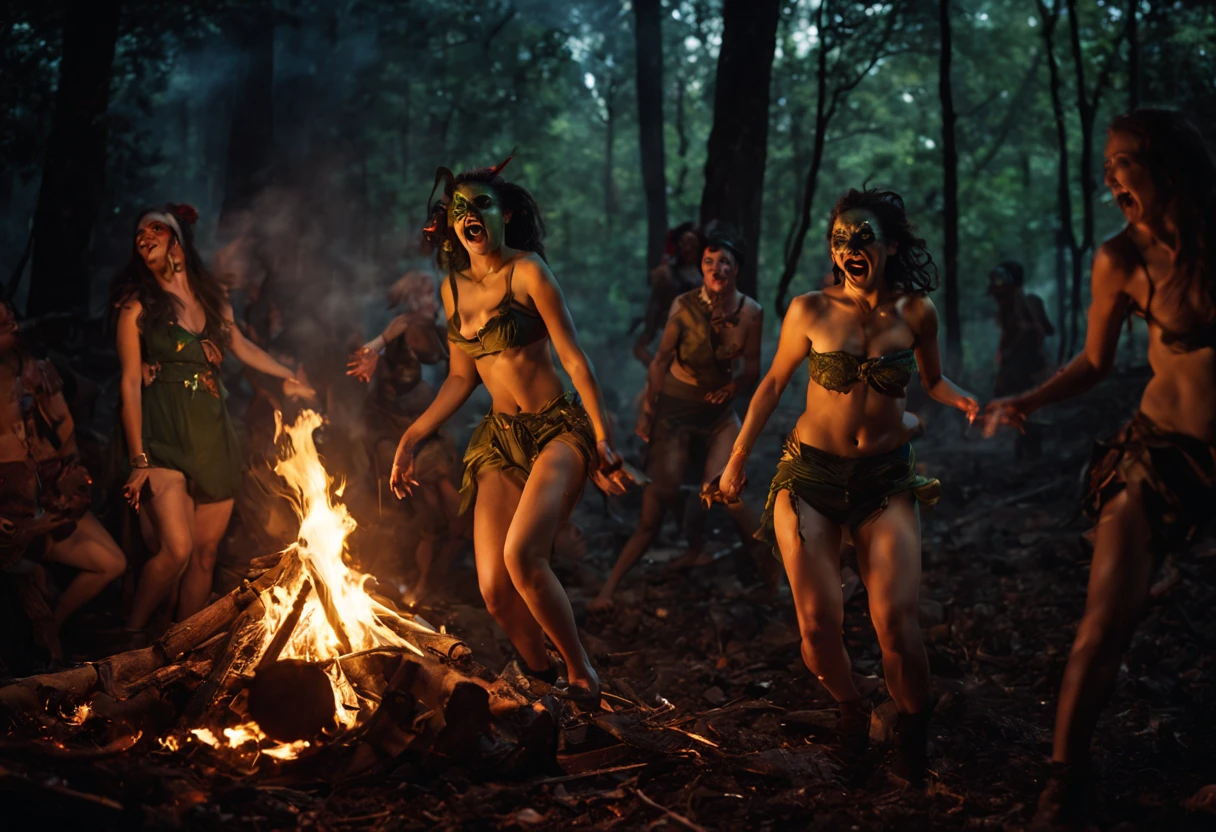 (best quality,highres,masterpiece:1.2),green-skinned,dark-haired drunken goblin women with crazy eyes and a few missing teeth,dressed like trailer trash with tank tops and daisy duke shorts,dancing seductively around a blazing bonfire in the middle of a desolate forest,casting eerie shadows,piercing their wild laughter through the night,while the fire illuminates their chaotic celebration, creating an atmosphere of debauchery and mischief,with smoke billowing and sparks flying in the air,their twisted motions and exaggerated gestures adding to the surreal and unsettling ambiance,as if they were under a spell,while the moonlight filters through the thick canopy above,adding a touch of eerie beauty to the chaotic scene,the goblin women's green skin glowing in the firelight,their movements a dance of primal energy and wildness,arguably both grotesque and strangely captivating.