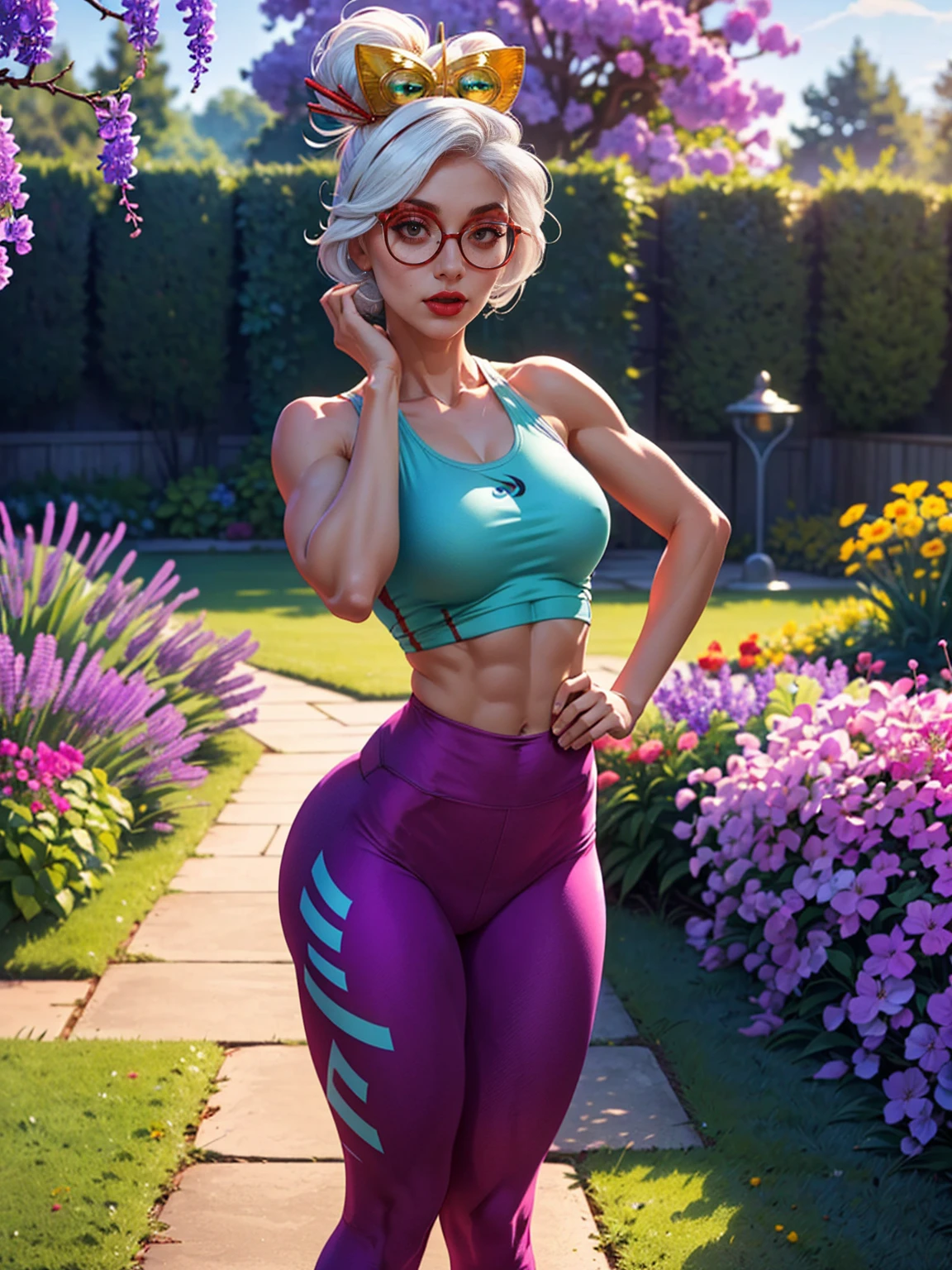 ((Shy, kawai, standing, ((muque pose)), cute, Masterpiece, Best Quality, Purah, White Hair, Red Eyes, Red Headband, Hair Ornament, Hair Sticks, Red Glasses)), ((pink lipstick, Extremely detailed, ambient soft lighting, 4k, perfect eyes, a perfect face, perfect lighting, a 1girl)) ((austere, shiny eyes, blue tank top, white yoga pants, green tight clothes)), (((fitness))) 1girl, solo, standing ((standing, garden background)), flowers, jacaranda grove, park