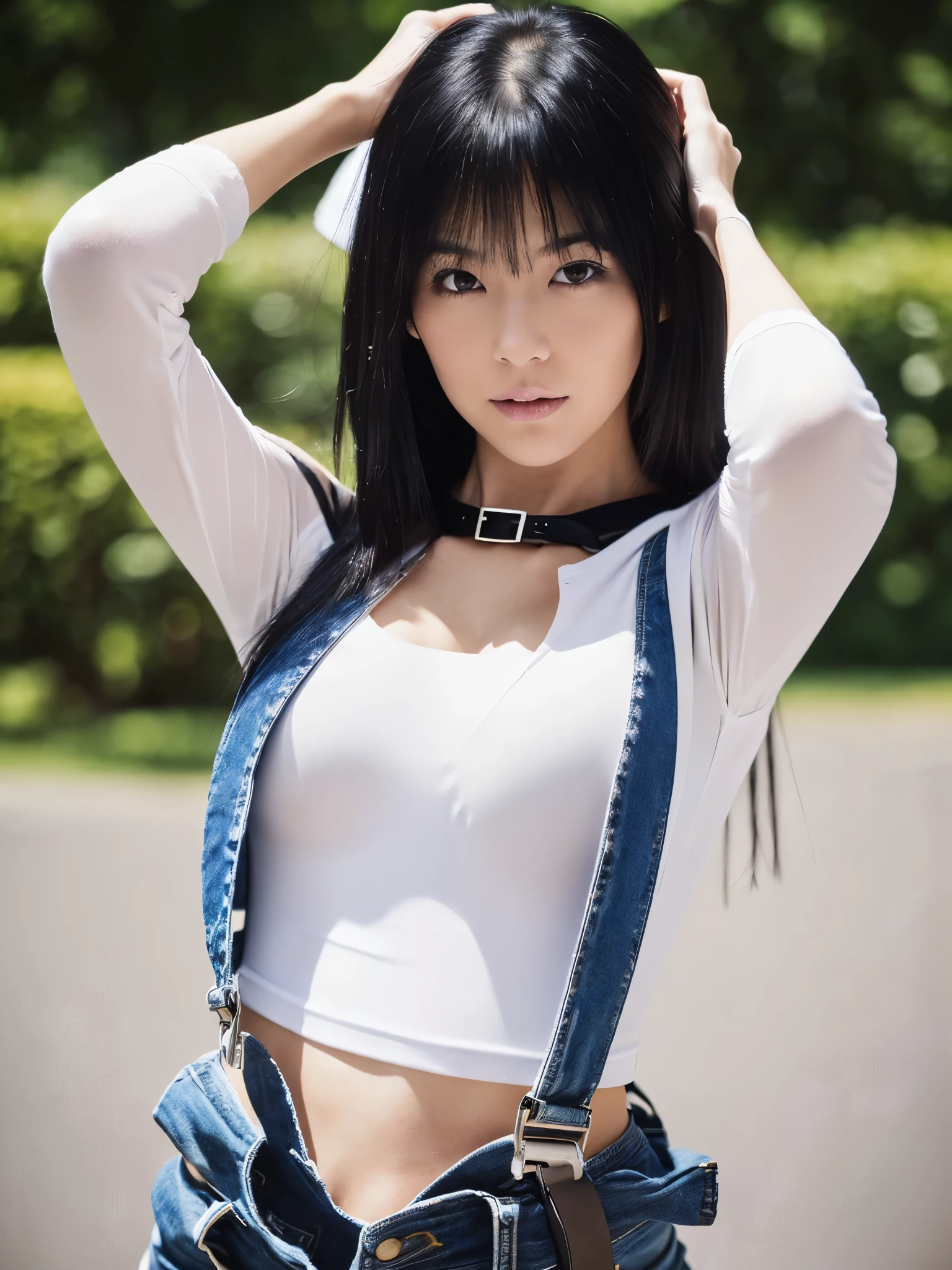 (Need, full bodyesbian, Long legs, Focalors:1.2, perfect figure beautiful japanese girl:1.4, Slim abs:1.1, ((Deep black hair, small tit:1.2 )), (white tight t-shirt, Denim suspenders, standing on your feet:1.2), Highly detailed facial and skin texture, A detailed eye, double eyelid