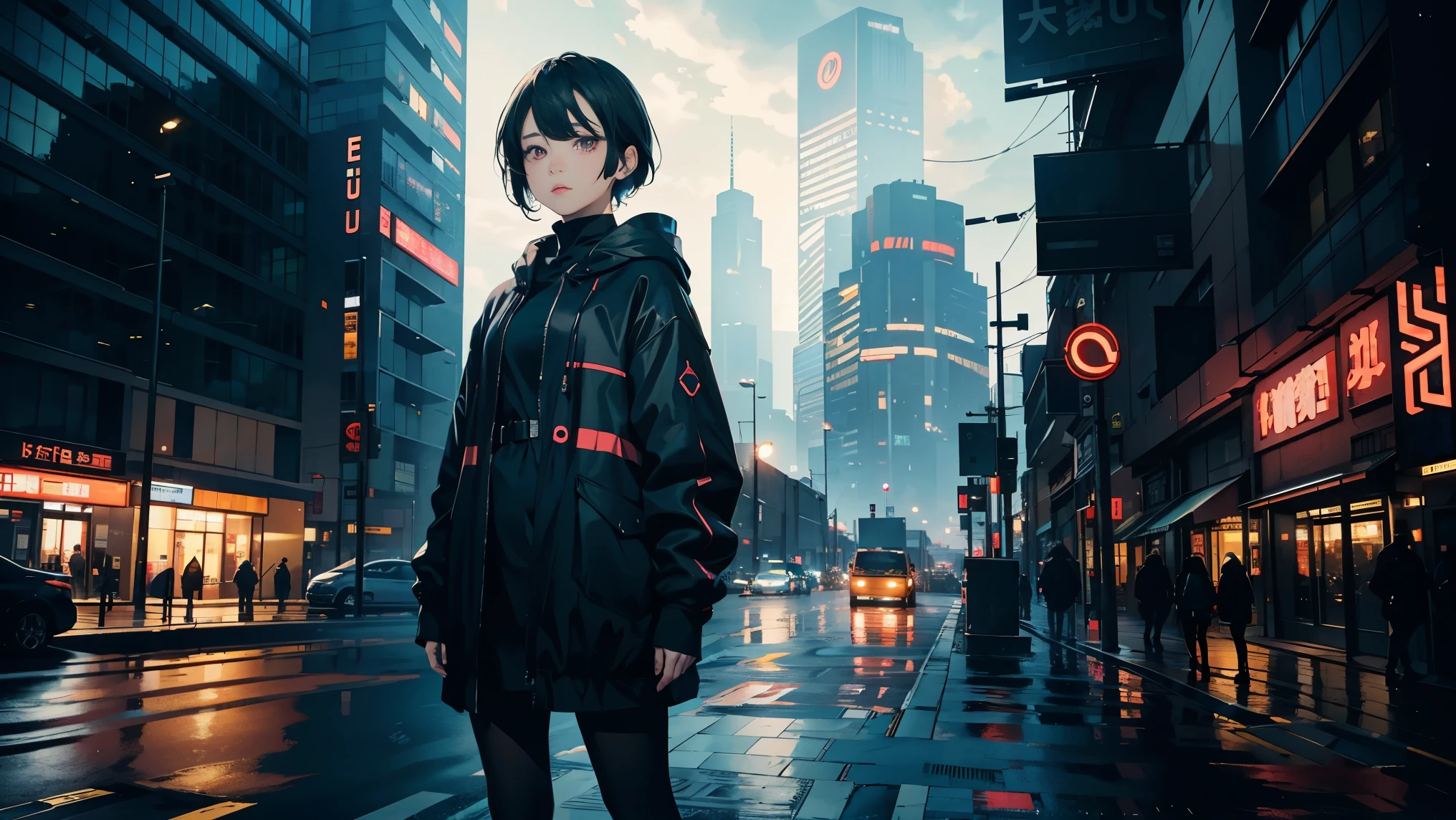 A beautiful girl standing, detailed landscape, hopeless landscape, dystopian atmosphere, high-rise buildings in the style of brutalism, pale lights, dark cyberpunk, urban landscape, cloudy sky, dark night, less lights, pale lights, cold lights, weak blue lights, hopeless anime girl with empty pink eyes sits on simple bench, a room devoid of light, downcast gaze, closed pose