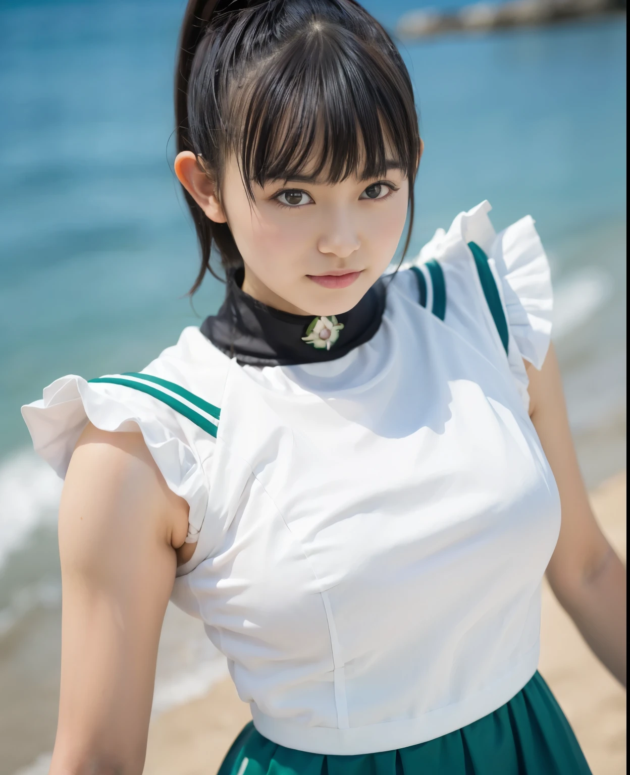 (highest quality:1.2),(perfect beautiful face:1.2),(perfect and beautiful posture:1.2),(sailor_jupiter:1.2), On the beach in midsummer, smile, (thick muscles:1.2),big breasts,clear eyes,close up of chest