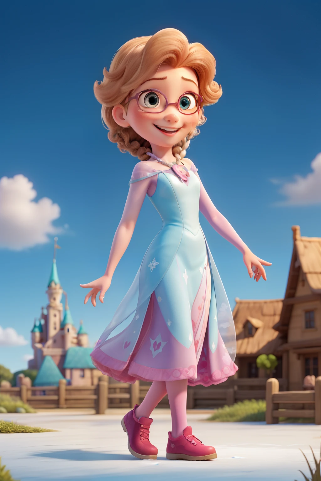 poster of a Disney cartoon, with a Frozen theme, of a four-year-old girl smiling, brown curly hair, wearing pink glasses, looking forward, wearing a light blue Elsa dress, with a princess pose, medium shot view , disney pixar style