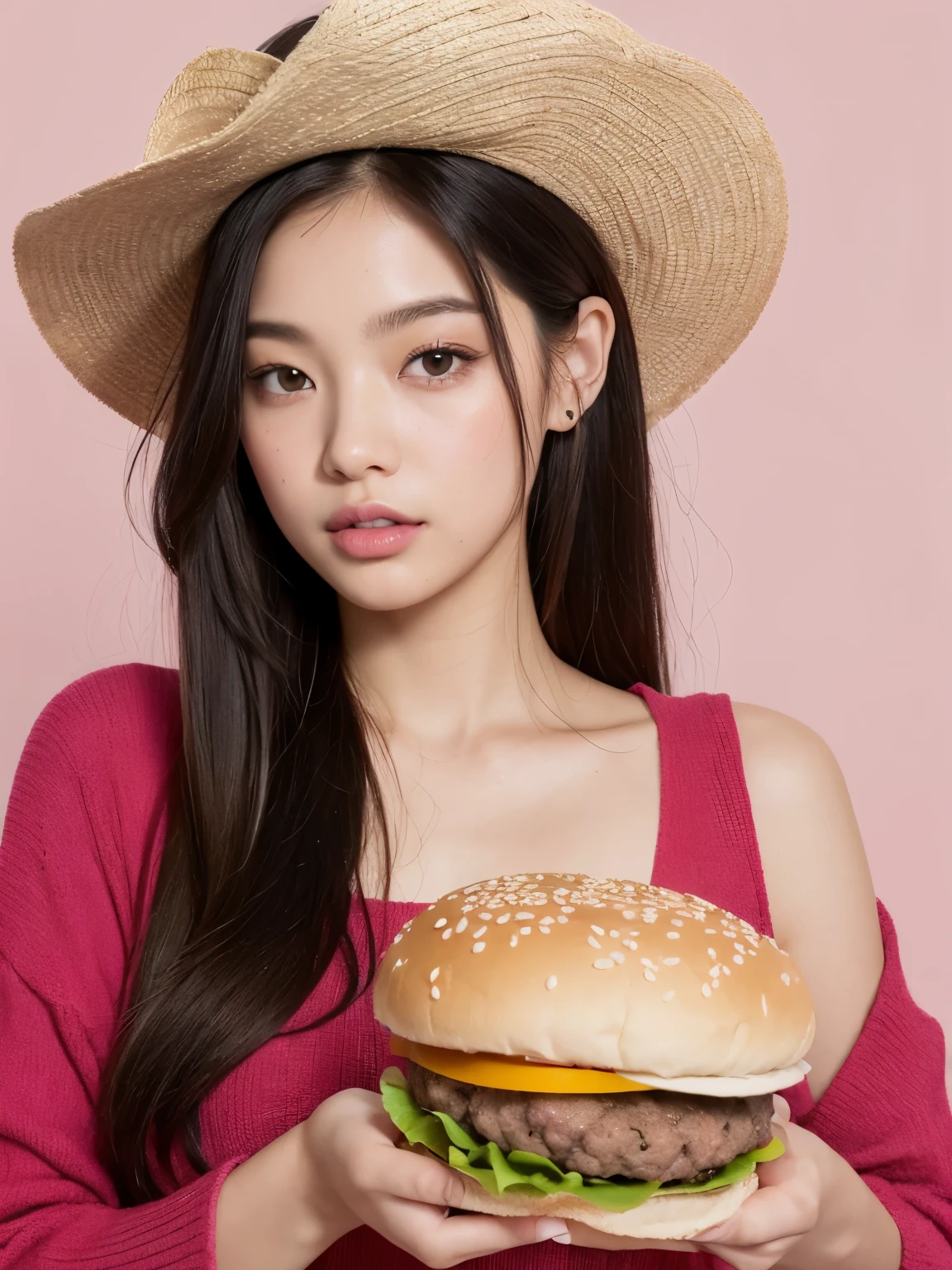 Kim Jennie de blackpink con el cabello rubio claro, cabello rubio con ondulado, cabello de color rubio ondulado, with small fringes, ojos color negro, nariz respingada y bonita, labios gruesos, Cupid and heart shaped lips., labios rosas, pale, white skin, piel bonita y suave, con pecas y lunares, cejas bonitas, marked and beautiful clavicle, mientras tiene un gorro en forma de hamburguesa, gorro en forma de hamburguesa, mientras tiene un rosas color rojo tinto en su top, rojo oscuro, con ropa interior femenina, abdomen delgado y bonito, escote desnudo, (pechos grandes, pechos suaves, pechos naturaleientras agarra una rosa, in a room with a pink background, eating hamburgers and asian noodles, con un sombrero de vaquero, con un sombrero de vaquero, mirando a la camara, autofoto