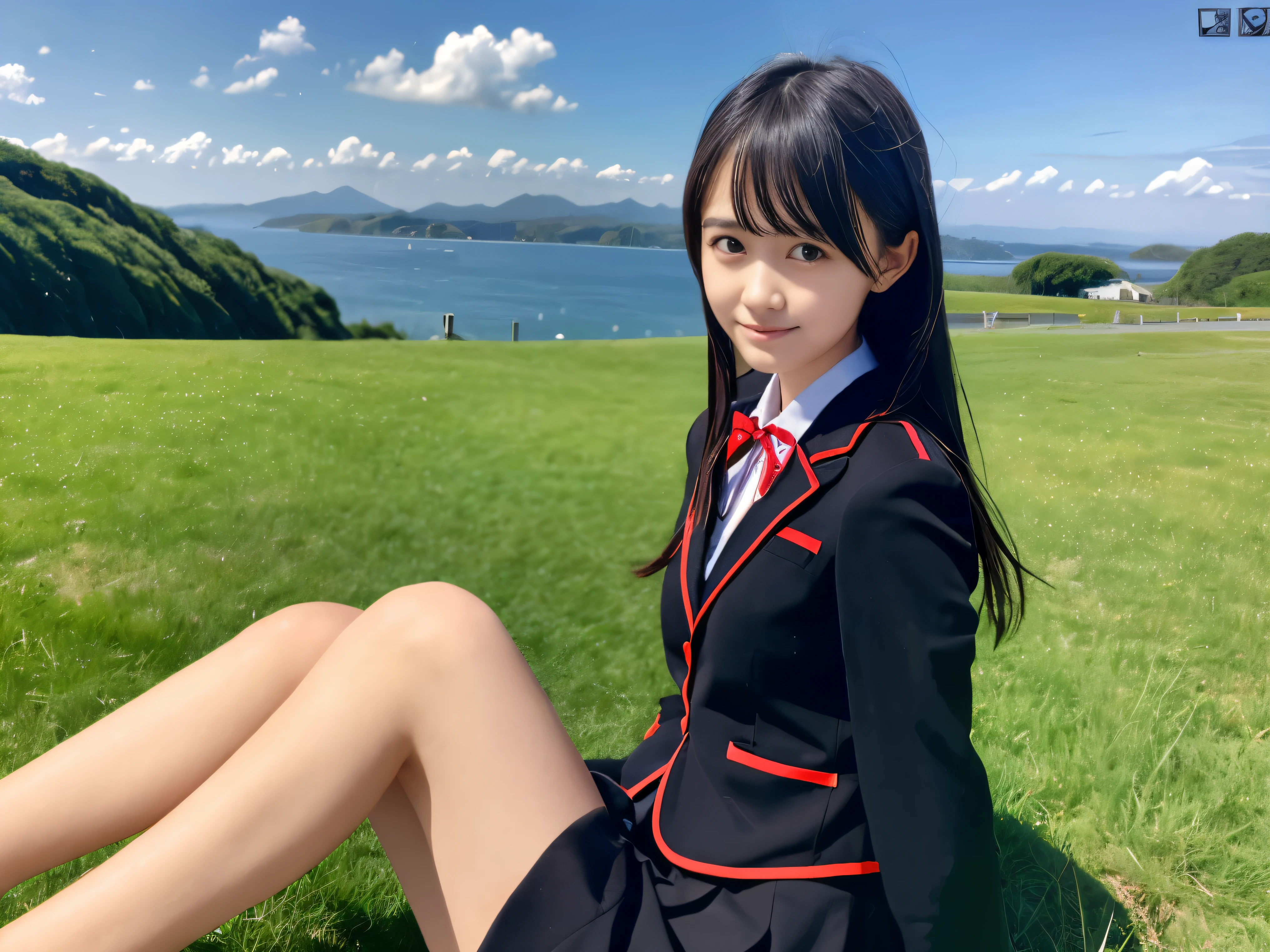 (Dressed in a black blazer uniform with a red cropped collar and black skirt、Close-up low-angle shot of a slender small-breasted dark silver long-haired girl with flowing bangs:1.5)、(A girl is sitting on a Japanese grassland with a small smile:1.5)、(Dart road towards the blue sky and sea:1.5)、(black blazer and black skirt with red trim collar:1.5)、(blurred background:1.5)、(perfect anatomy:1.5)、photorealistic stick、RAW photo、table top、highest quality、High resolution、delicate and beautiful、perfect face、delicate and beautiful目元の空気肌、real human skin、((thin legs))
