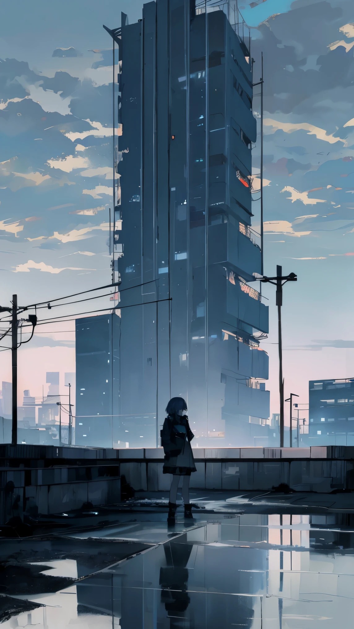 A beautiful girl standing, detailed landscape, hopeless landscape, dystopian atmosphere, high-rise buildings in the style of brutalism, pale lights, dark cyberpunk, urban landscape, cloudy sky, dark night, less lights, pale lights, cold lights, weak blue lights, hopeless anime girl with empty pink eyes sits on simple bench, a room devoid of light, downcast gaze, closed pose