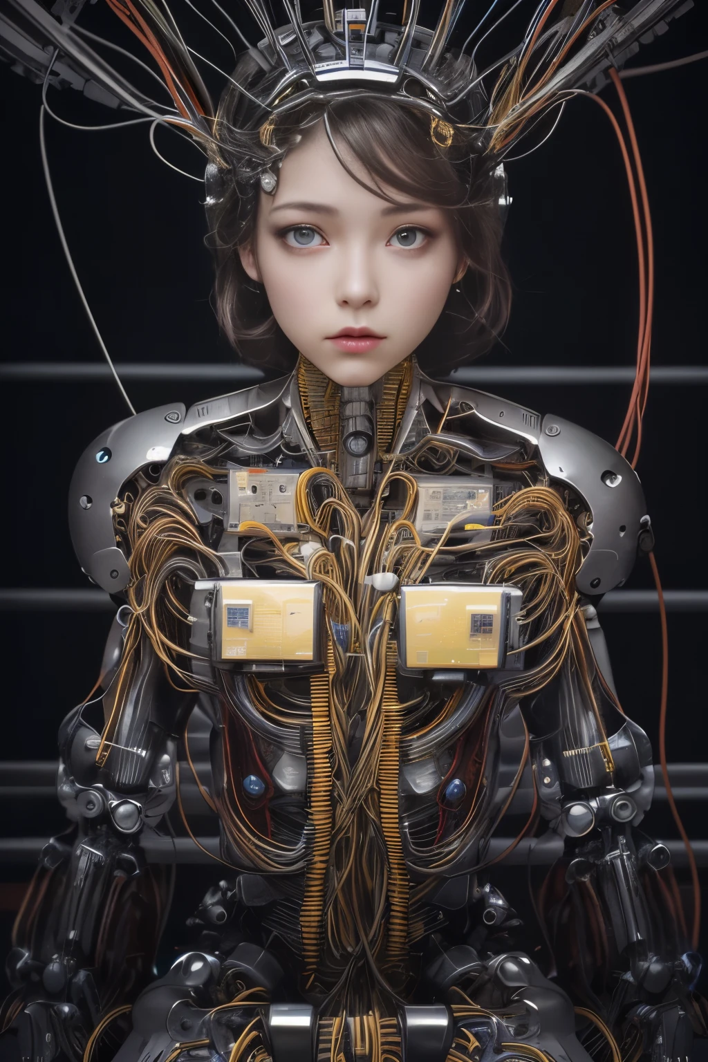 NSFW(((masutepiece))), (((Best Quality))), ((Ultra-detailed)), (extremely detailed photo), ((extremely delicate and beautiful)),(Cute delicate face),Cinematic Light,((one Mechanical Girl and expressionless:2)),Solo,Full body,(Machine-made joints:1.5),((machanical limbs)),(blood vessels connected to tubeechanical vertebra attaching to the back)),((mechanical cervial attaching to neck)),((Sitting)),deadpan,(Many wires and cables to attach to the head and body:1.6),(Character Focus),Science fiction,(beautiful face and eye, double eyelid,delicate skin,slender body shape), 