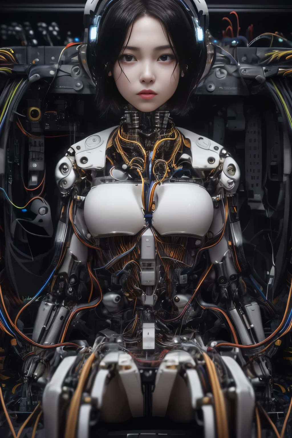 NSFW(((masutepiece))), (((Best Quality))), ((Ultra-detailed)), (extremely detailed photo), ((extremely delicate and beautiful)),(Cute delicate face),Cinematic Light,((one Mechanical Girl and expressionless:2)),Solo,Full body,(Machine-made joints:1.5),((machanical limbs)),(blood vessels connected to tubeechanical vertebra attaching to the back)),((mechanical cervial attaching to neck)),((Sitting)),deadpan,(Many wires and cables to attach to the head and body:1.6),(Character Focus),Science fiction,(beautiful face and eye, double eyelid,delicate skin,slender body shape),