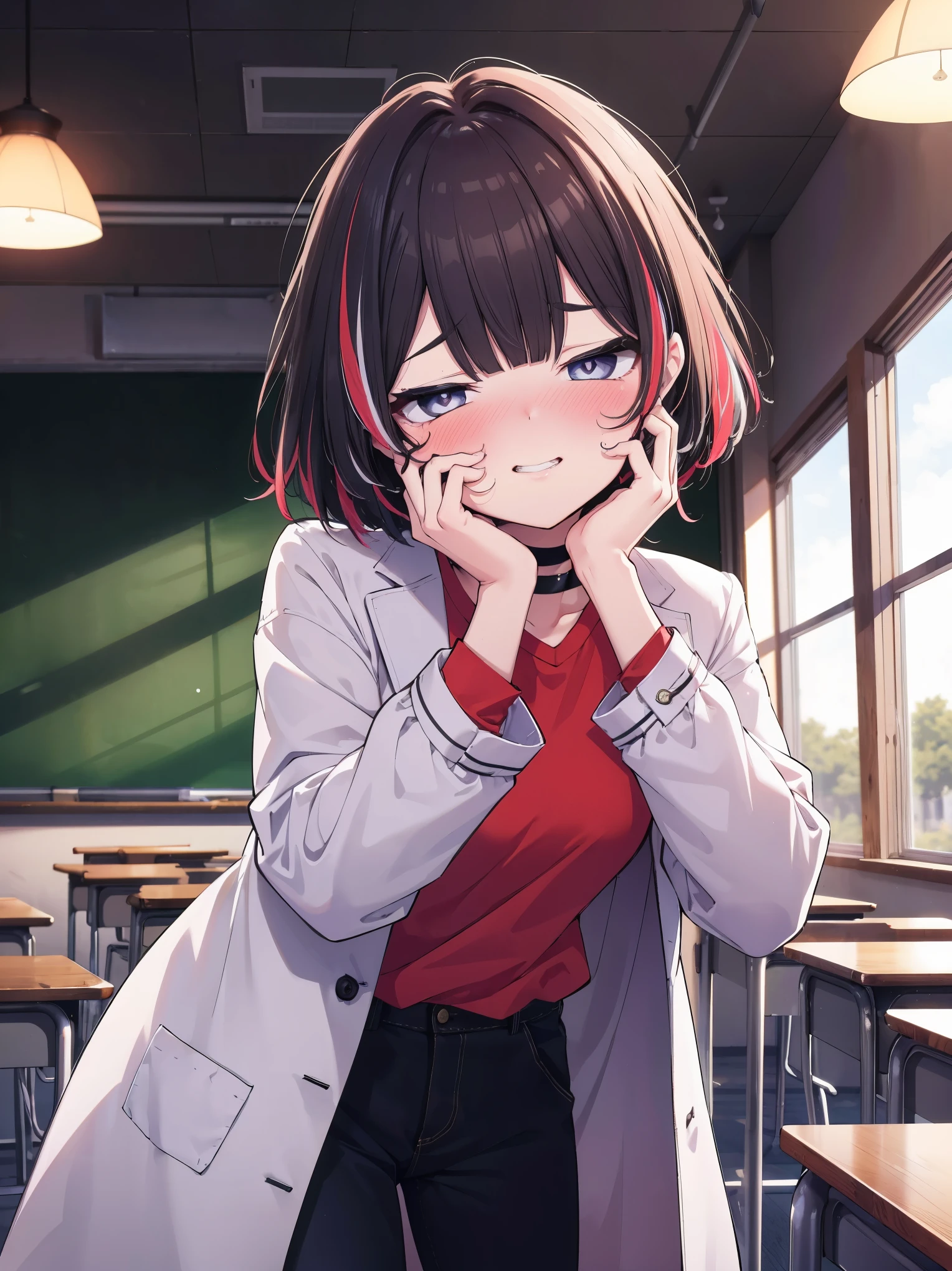 (cowboy shot), (best quality, ultra-high resolution, depth of field:1.2), adult, 1woman, medium breasts, toned body, solo, streaked hair, short hair, bangs, loose shirt, loose pants, choker, long coat, yandere, (blush:1.2), (shaded face:1.2), (grinning), (hands on own cheeks:1.4), looking at the viewer, streaked hair, upturned eyes, bright eyes, head tilt, side view, dim lighting, night, classroom scenery
