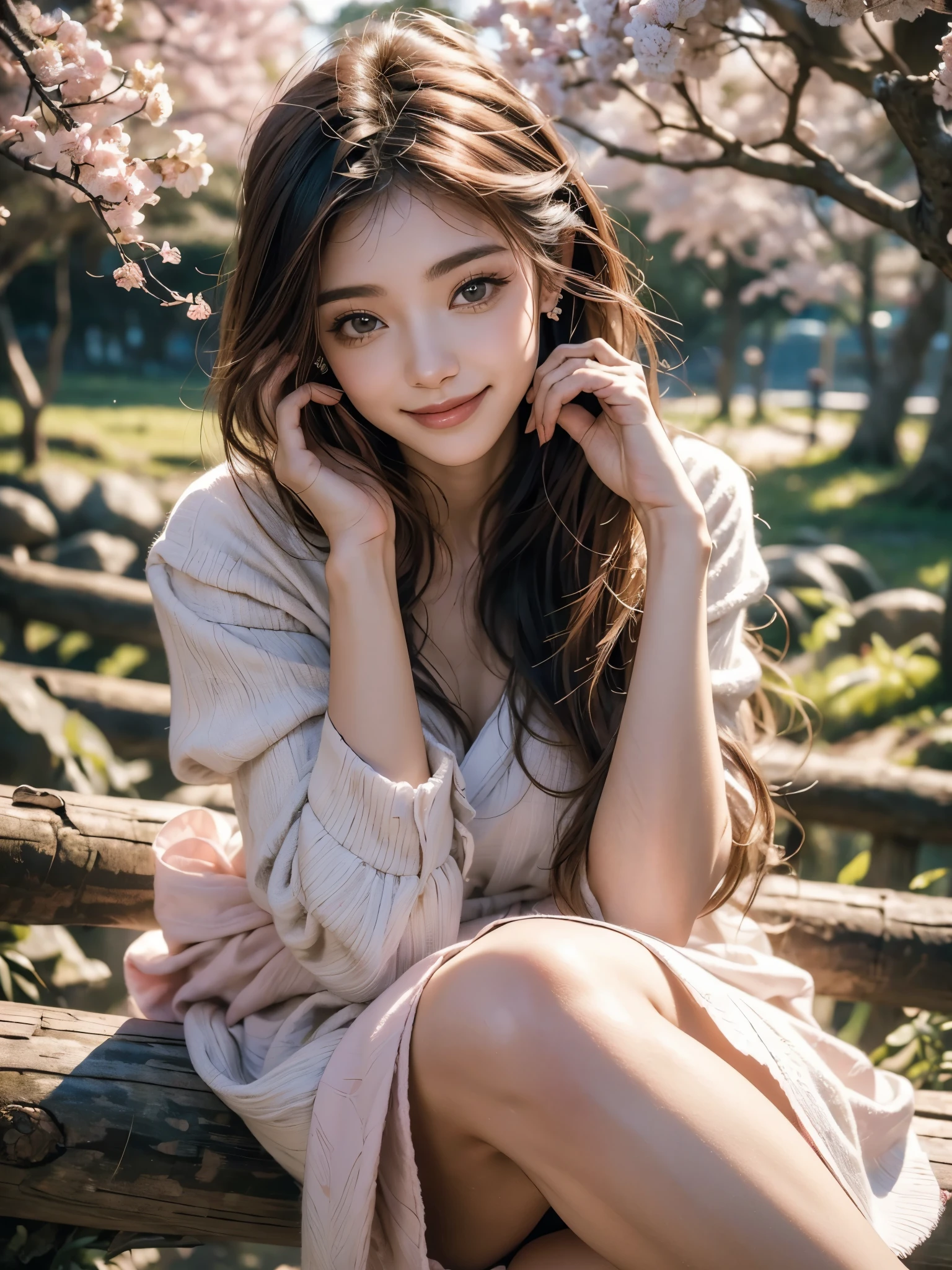 Sakura Rice Library, Upper Body, Smile, blush, sit, ((Cherry blossoms)), ((Pink sleeves)), Pink, ((pink)), Pink sky, Sunset, lake, reflection