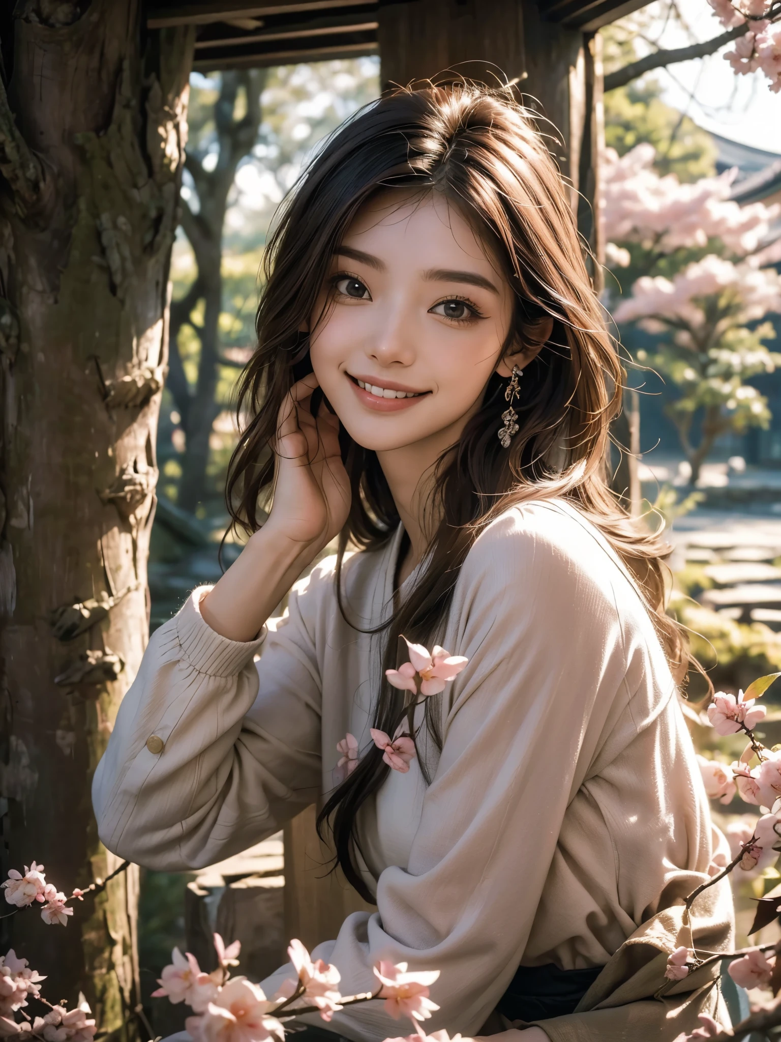 (obra de arte, melhor qualidade:1.2), pov, foco apenas, tronco, 1 garota, hand on someone else&#39;s cheek, sorriso, Cabelo rosa, olhos azuis, roupas japonesas, quimono, cherry trees