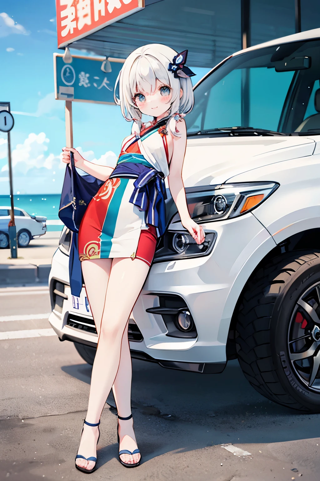 Octane Render、(Hyper-detailing: 1.15)、(Soft light、sharp: 1.2)、morning、 posing in front of colorful EV in parking lot near beach, Traditional costumes、Distinctive ethnic hair ornaments、Characteristic ethnic shoes、 Fuji Film, F/4.0, masutepiece, Anatomically correct、A smile, radiant light