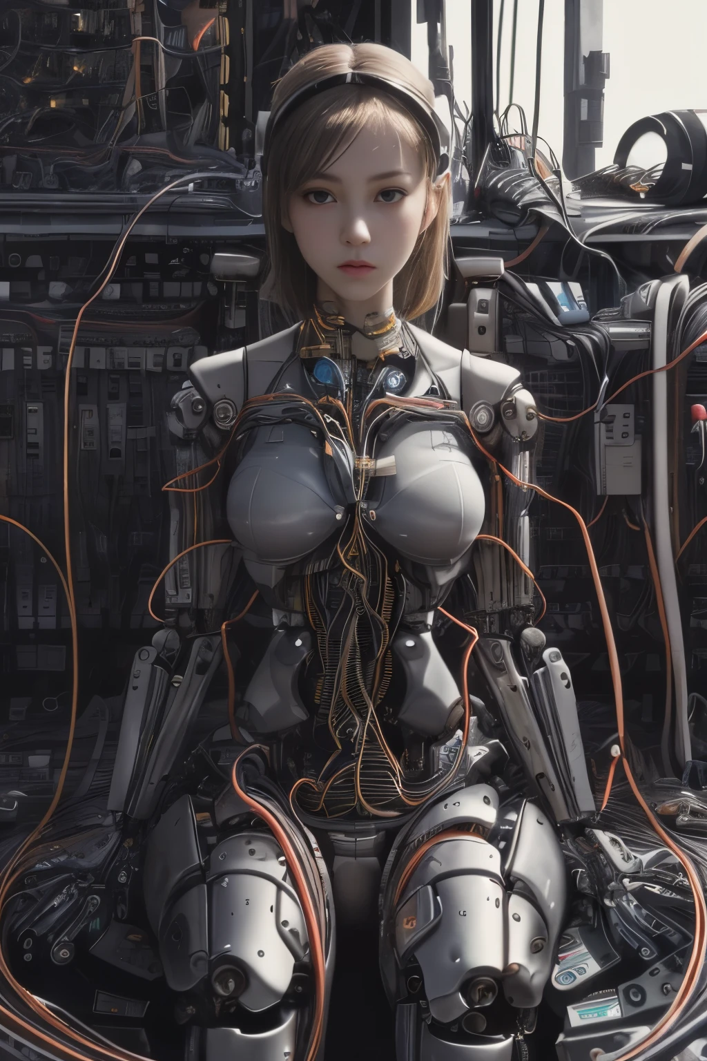 NSFW(((masutepiece))), (((Best Quality))), ((Ultra-detailed)), (extremely detailed photo), ((extremely delicate and beautiful)),(Cute delicate face),Cinematic Light,((one Mechanical Girl and expressionless:2)),Solo,Full body,(Machine-made joints:1.5),((machanical limbs)),(blood vessels connected to tubeechanical vertebra attaching to the back)),((mechanical cervial attaching to neck)),((Sitting)),deadpan,(Many wires and cables to attach to the head and body:1.6),(Character Focus),Science fiction,(beautiful face and eye, double eyelid,delicate skin,slender body shape), 