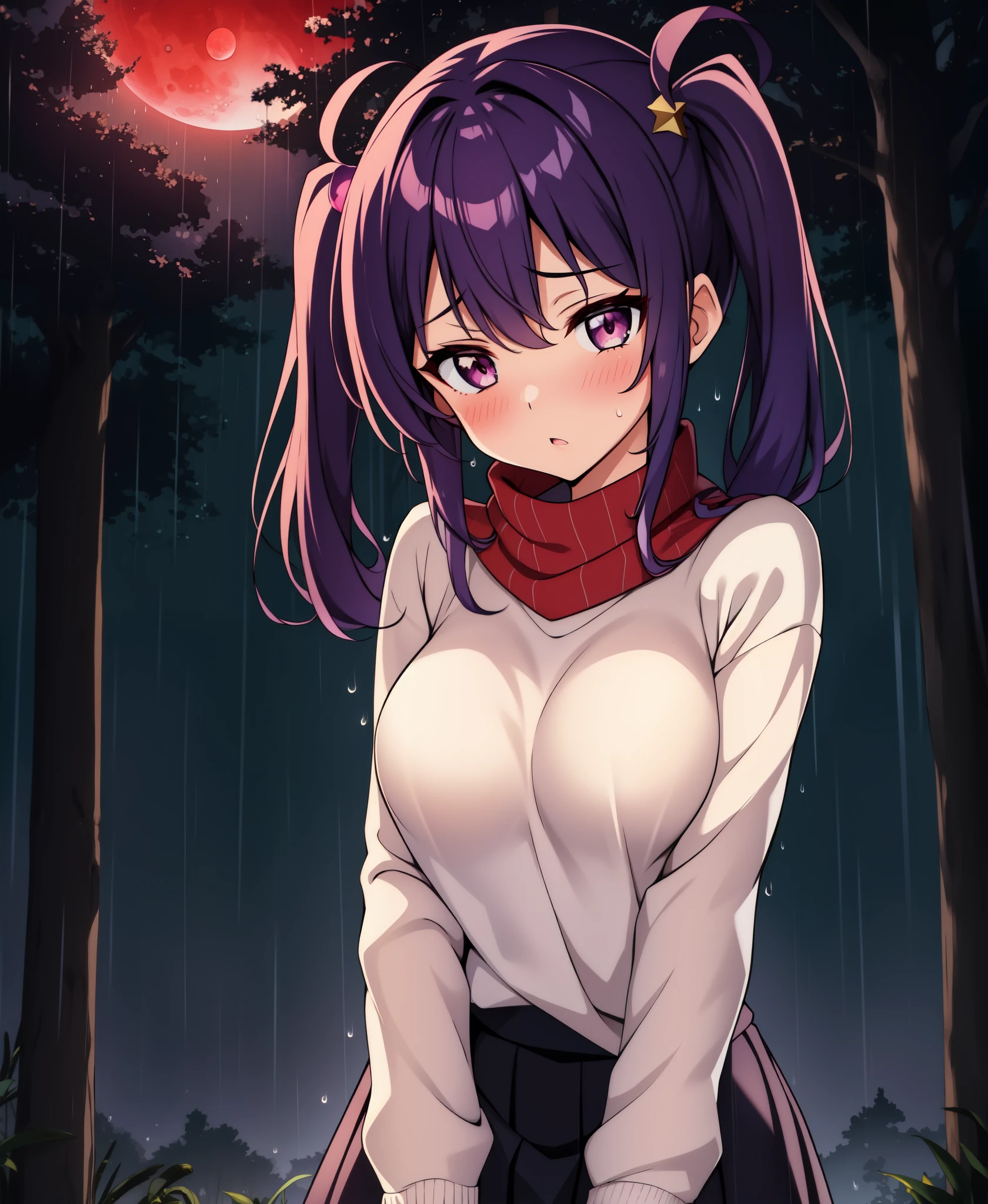 masterpiece, 4k, high quality, highly detailed, detailed face, HDR, vivid colors, natural lighting, girl, 1girl, solo, long and messy purple hair, long twin tails, bright white eyes, blush, medium breasts, wearing black sweater, pleated skirt, standing in a forest, (rain), ((night), lunar eclipse, red moon), stars