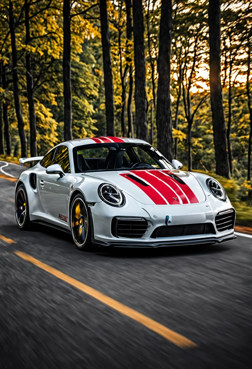 Porsche 911 Turbo S, ((blanco con franjas rojas) profundidad asombrosa, Colores ricos, Powerful images, Psychedelic overtones, 4k, 8K.