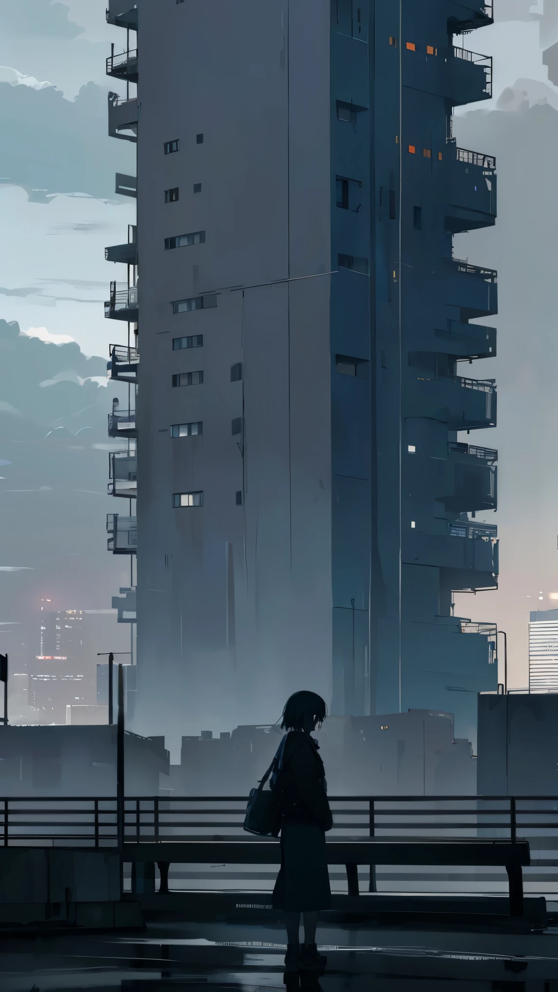 A beautiful girl standing, detailed landscape, hopeless landscape, dystopian atmosphere, high-rise buildings in the style of brutalism, pale lights, dark cyberpunk, urban landscape, cloudy sky, dark night, less lights, pale lights, cold lights, weak blue lights, hopeless anime girl with empty pink eyes sits on simple bench, a room devoid of light, downcast gaze, closed pose, high quality, 4k, cinematic