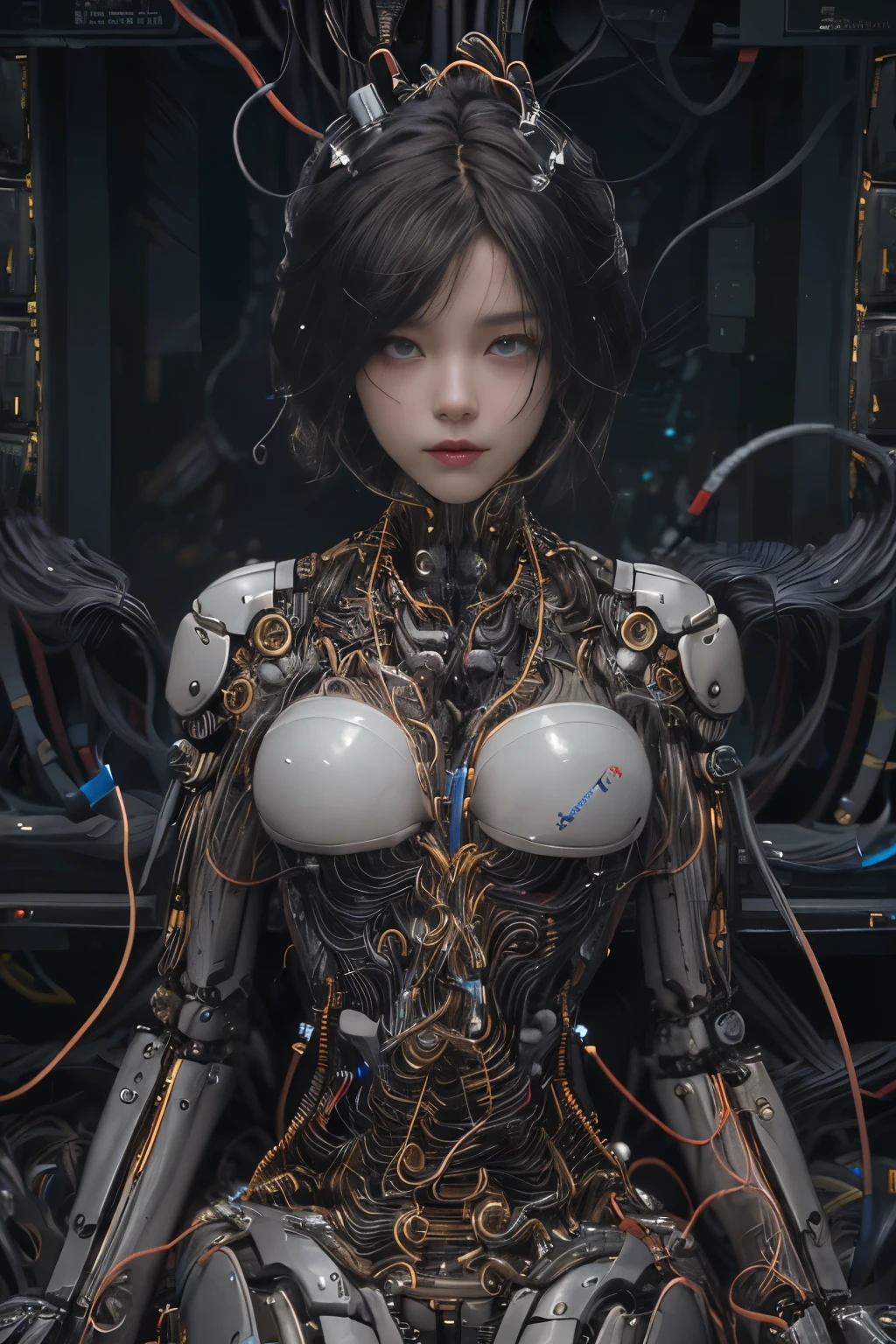 NSFW(((masutepiece))), (((Best Quality))), ((Ultra-detailed)), (extremely detailed photo), ((extremely delicate and beautiful)),(Cute delicate face),Cinematic Light,((one Mechanical Girl and expressionless:2)),Solo,Full body,(Machine-made joints:1.5),((machanical limbs)),(blood vessels connected to tubeechanical vertebra attaching to the back)),((mechanical cervial attaching to neck)),((Sitting)),deadpan,(Many wires and cables to attach to the head and body:1.6),(Character Focus),Science fiction,(beautiful face and eye, double eyelid,delicate skin,slender body shape), 