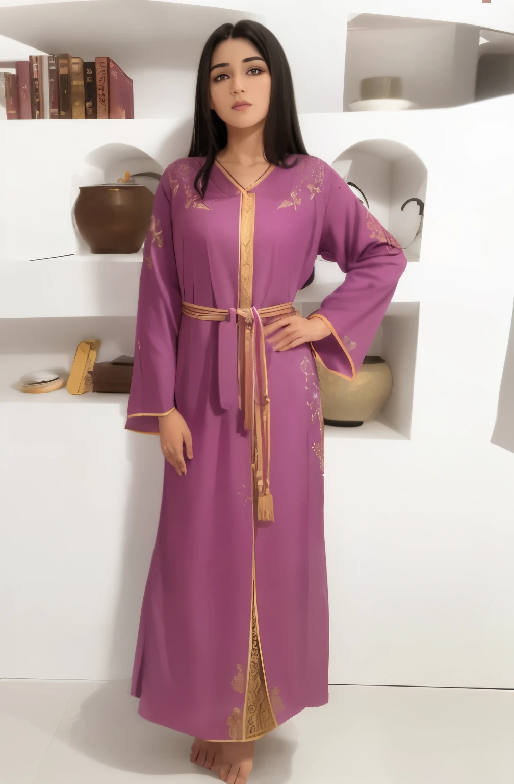 a woman in a purple dress standing in front of a shelf, embroidered robes, flowing magical robe, robe. extremely high details, purple greek robe, flowing robe, robe, ornate flowing robe, classical robes, arab ameera al taweel, femme, robes, african ameera al taweel, flowing magical flesh robe, full length view, dressed thobe