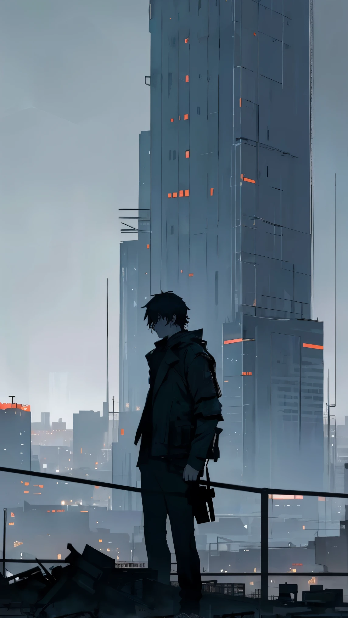 A guy standing, detailed landscape, hopeless landscape, dystopian atmosphere, high-rise buildings in the style of brutalism, pale lights, dark cyberpunk, urban landscape, cloudy sky, dark night, less lights, pale lights, cold lights, weak blue lights, a room devoid of light, downcast gaze, closed pose, high quality, 4k, cinematic, wallpaper 