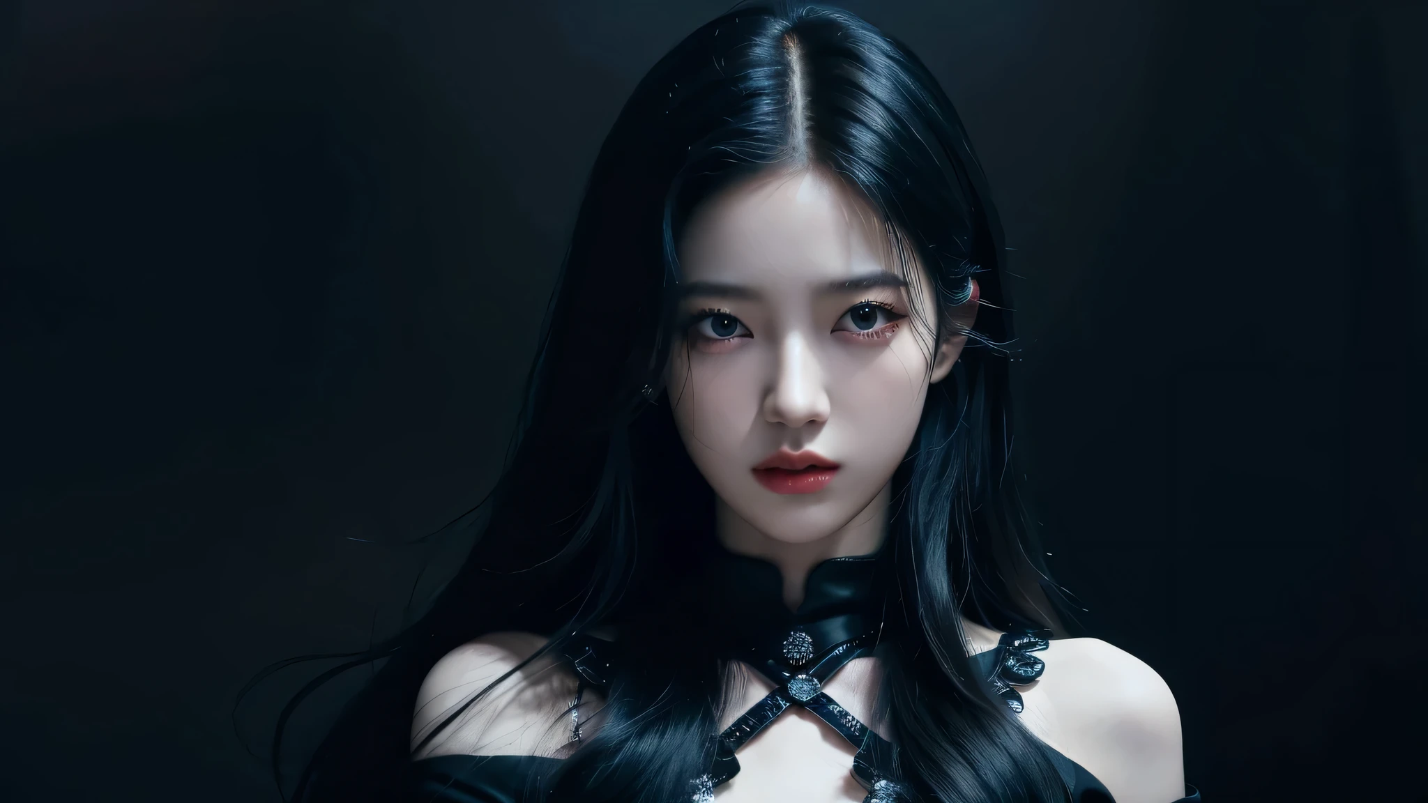 (best quality, highres:1.2), realistic, black dress, black hair, dark theme, black background, intense gaze, elegant posture, flowing dress, detailed facial features, long eyelashes, pale skin, Jisoo Kim, contrast, fine details, dramatic atmosphere, gothic style, intense emotions, monochrome color palette, captivating setting, haunting beauty, artistic photography, everything is black