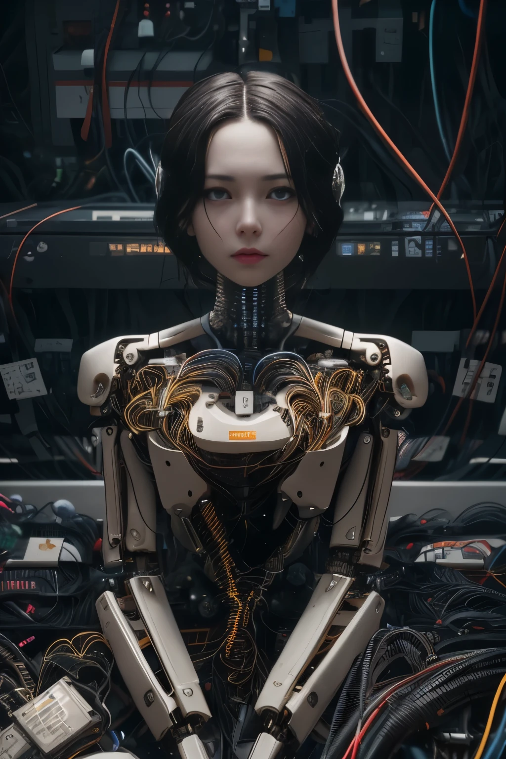 1 mechanical girl,((ultra realisticdetails)), portraite, global illumination, eyeshadows, octane rendering, 8K, ultra sharp,metals,intricate, detailed ornaments, cool colours, Egyptian detail, highly intricate details, realistic light, trends at CGsociety, glare eyes, front camera, neon details, mechanical members,blood vessels connected to tubes,mechanical vertebra attached to the back,mechanical cervical attaching to the neck,sitting down,wires and cables connected to the head