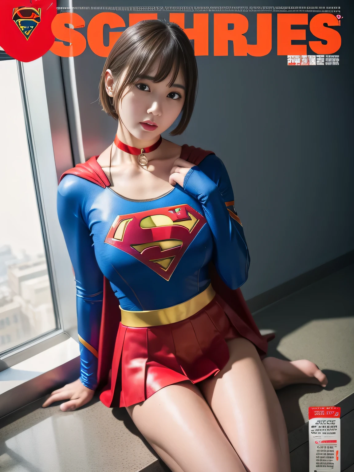 masterpiece、supergirl costume、short hair、barefoot, big and full breasts、test subject、operating room、operating table、straddle、sweating、shiny、look at the camera、sense of abuse、Estrus、choker、Weekly magazine cover、long sleeve、red mini skirt、obscene pose、Seduce、humiliating