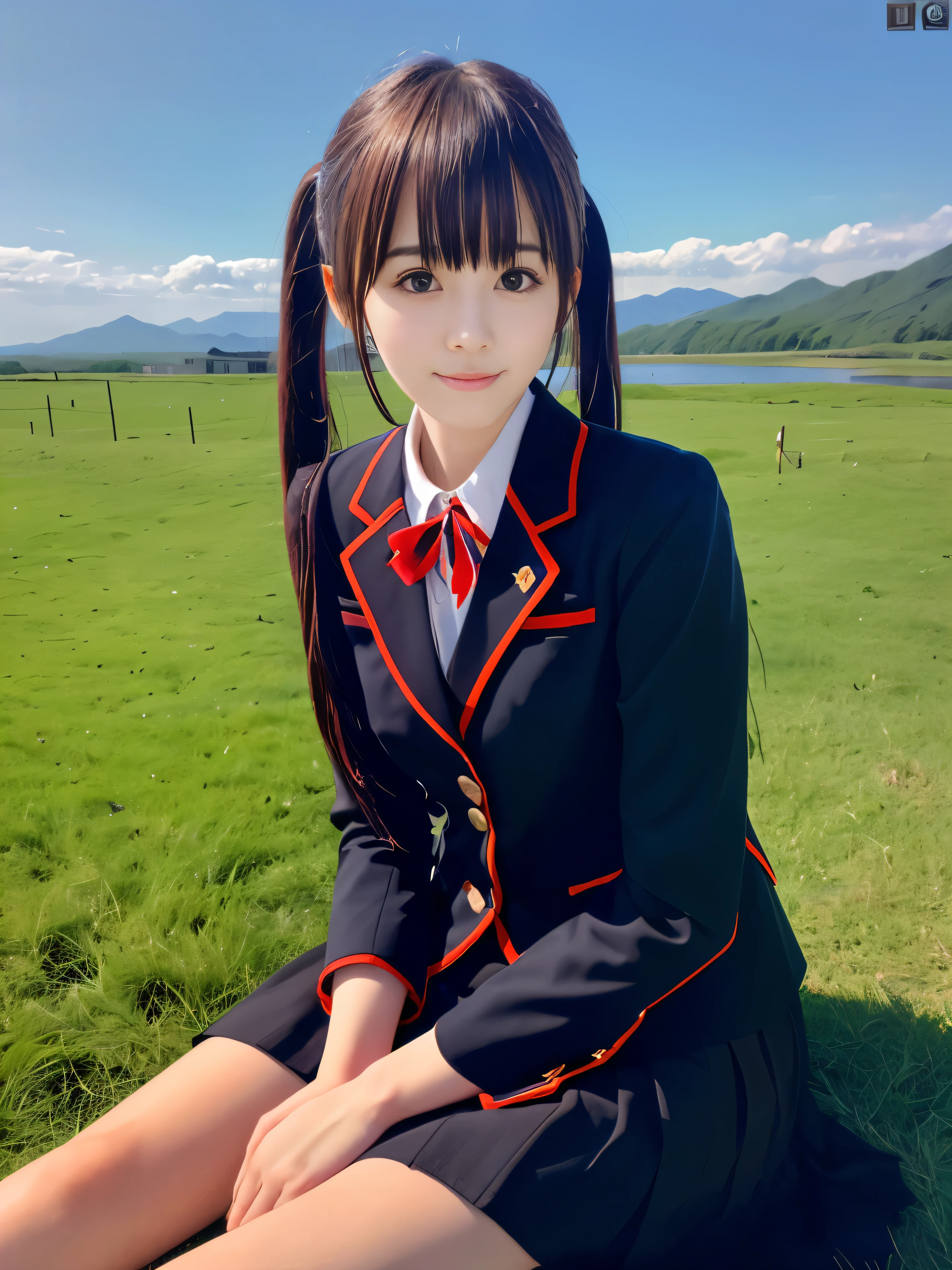 (赤いトリミングされた襟とblack skirtを持つ黒いブレザーの制服を着た、Close up low angle shot of slender small breasted chestnut long hair in twintails with bangs between eyes、black skirt:1.5)、(A girl is sitting on a Japanese grassland with a small smile:1.5)、(Dart road towards the blue sky and sea:1.5)、(赤い縁取りの襟が付いた黒いブレザーとblack skirt:1.5)、(blurred background:1.5)、(perfect anatomy:1.5)、photorealistic stick、RAW photo、table top、highest quality、High resolution、delicate and beautiful、perfect face、delicate and beautiful目元の空気肌、real human skin、((thin legs))
