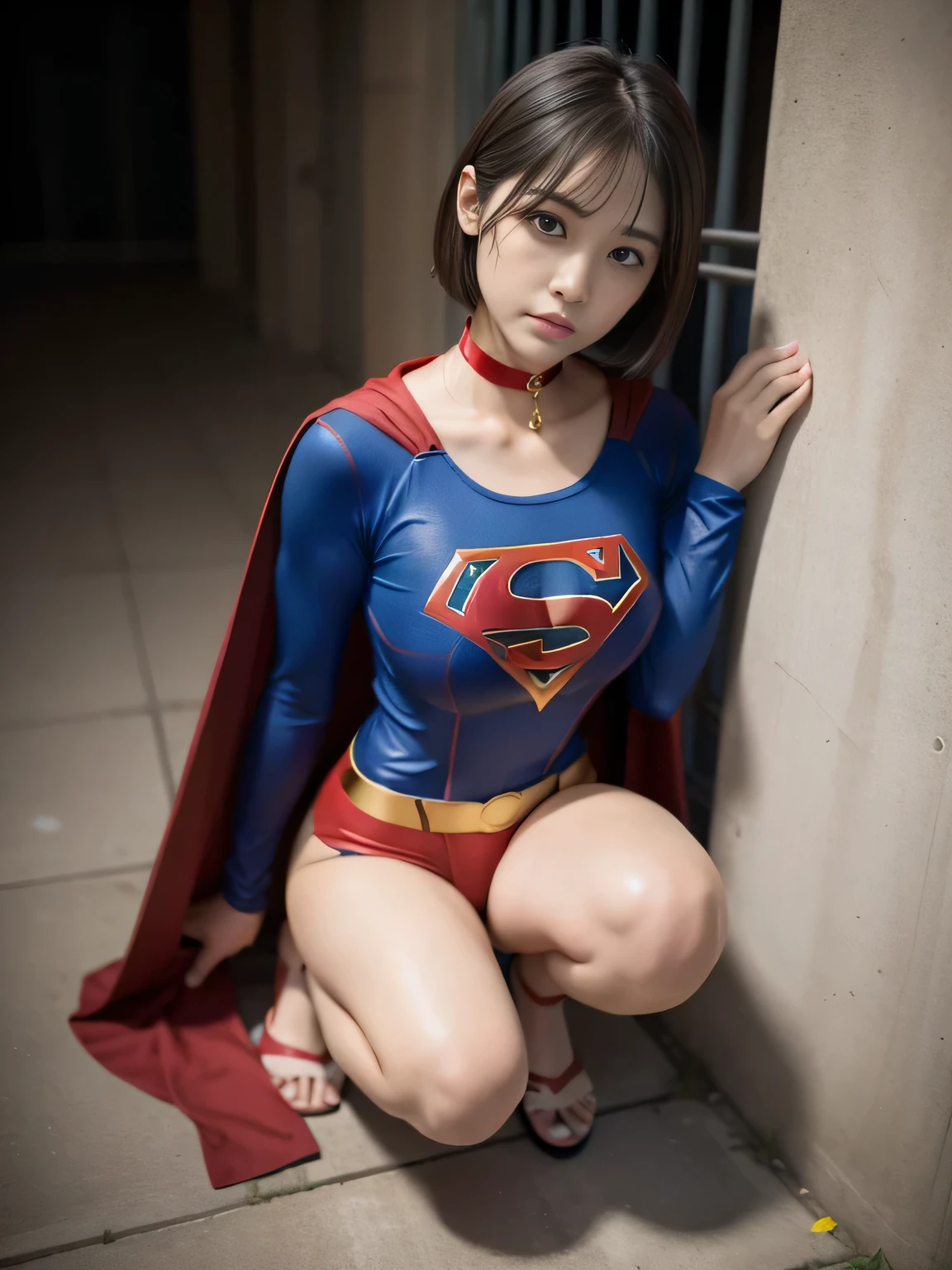 masterpiece、supergirl costume、short hair、barefoot、big and full breasts、Crisis situation、Complete surrender、prison、in a cage、sense of abuse、kneel down、sweaty、shiny、looking at camera、Seduce、choker、long sleeve、red sexy pose、POW camps、humiliating