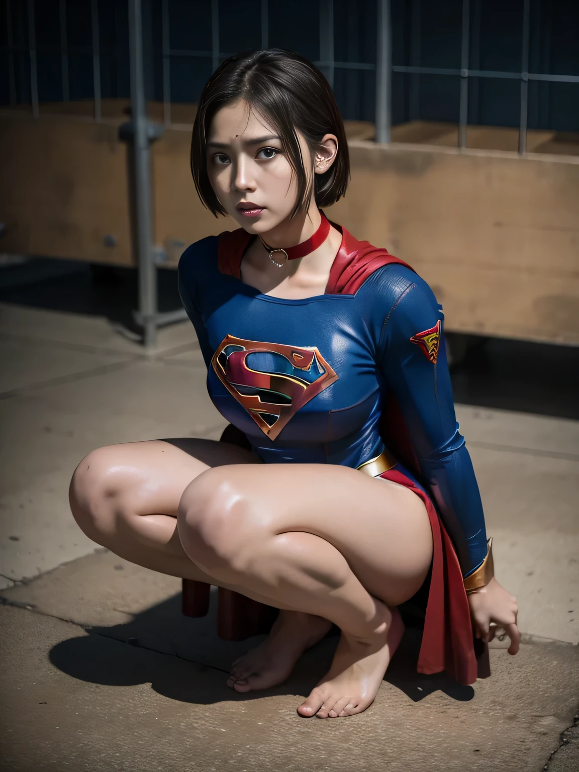 masterpiece、supergirl costume、short hair、barefoot、Big and full breast station、Crisis situation、prison、in a cage、sense of abuse、kneel down、sweaty、shiny、looking at camera、Seduce、choker、long sleeve、red sexy pose、POW camps、humiliating