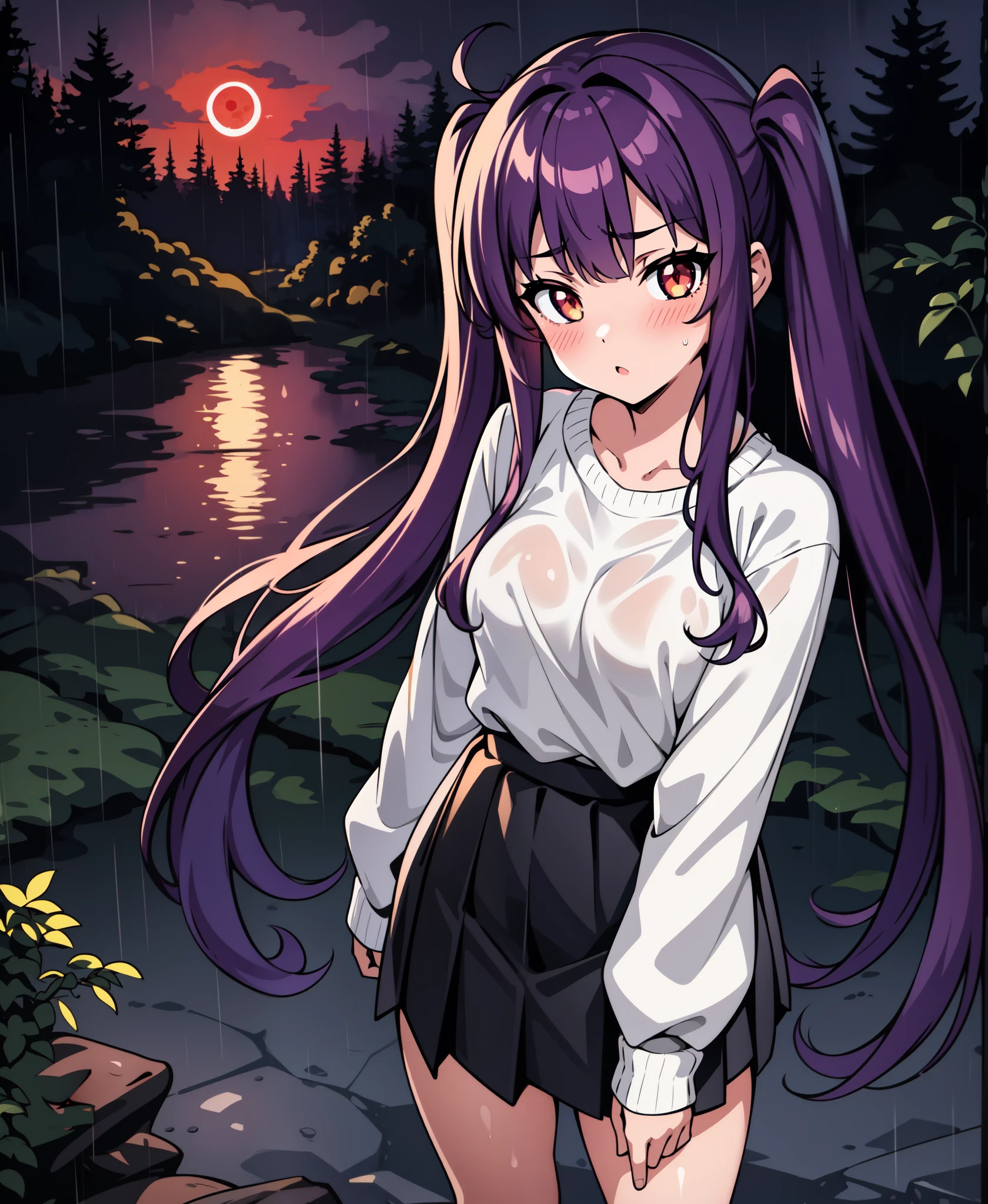 masterpiece, 4k, high quality, highly detailed, detailed face, HDR, vivid colors, natural lighting, girl, 1girl, solo, long and messy purple hair, long twin tails, bright white eyes, blush, medium breasts, wearing black sweater, pleated skirt, standing in a forest, (rain), ((night), lunar eclipse, red moon), stars